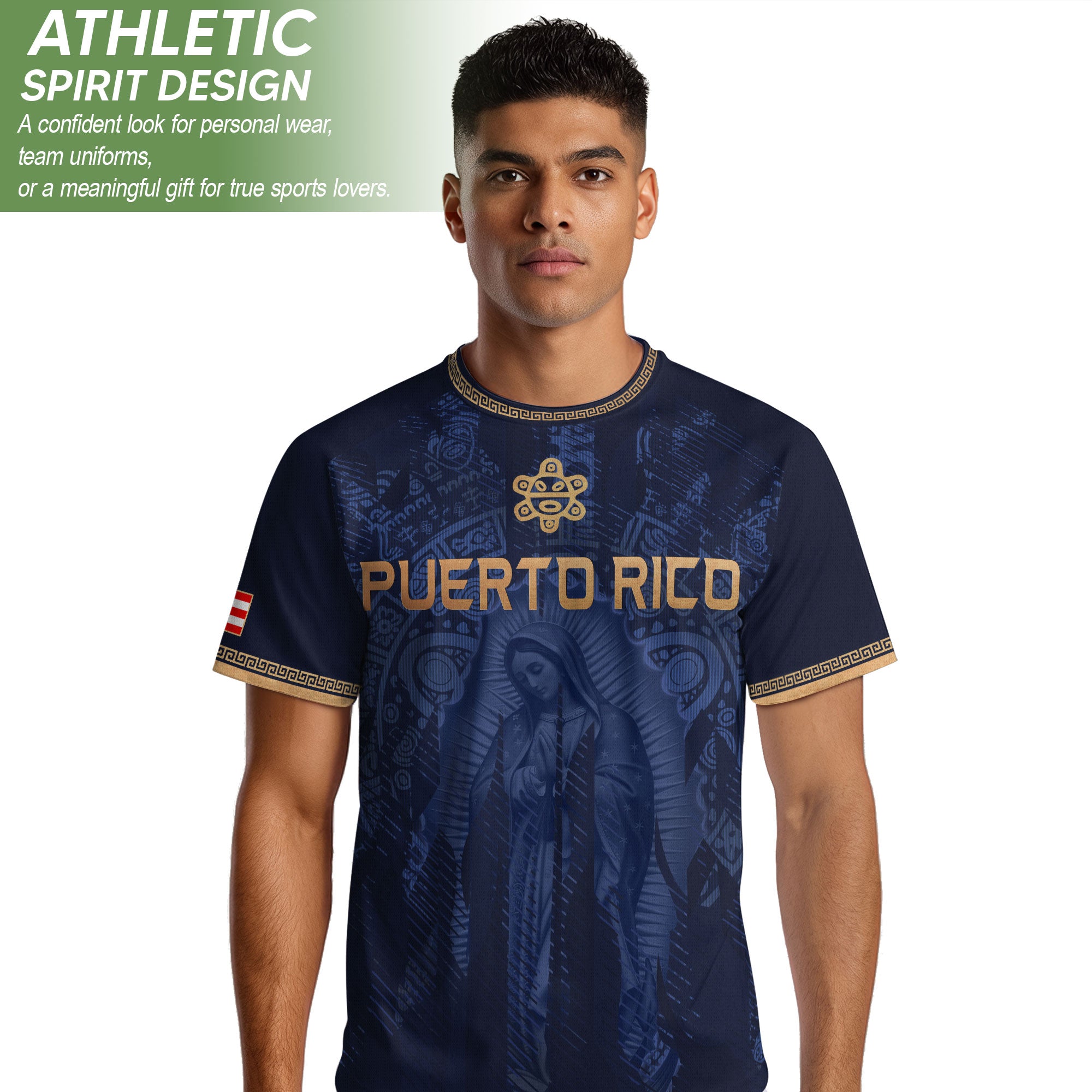 Puerto Rico Jersey Virgin Mary Navy Gold Catholic Faith Taino Symbols Boricua Pride