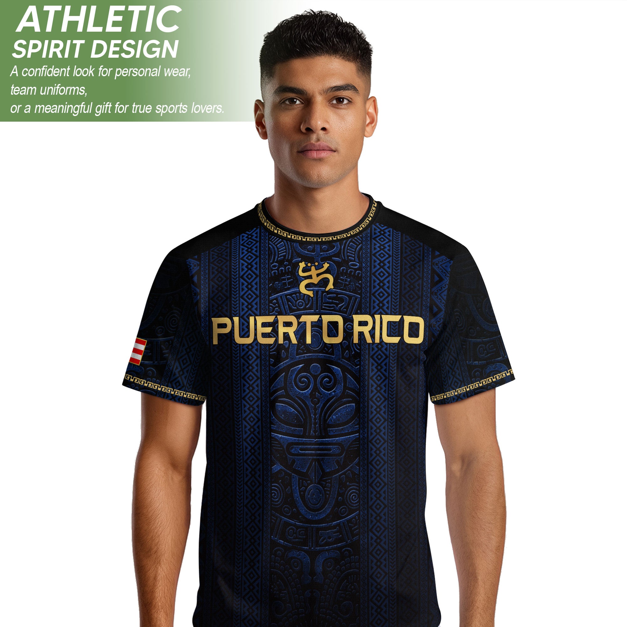 Camiseta de fútbol con máscara taína boricua azul marino de Puerto Rico, bandera tribal, orgullo nacional