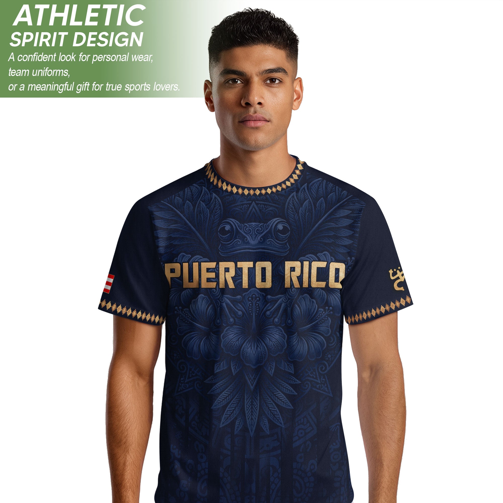 Camiseta de fútbol con máscara taína boricua azul marino de Puerto Rico, bandera tribal, orgullo nacional