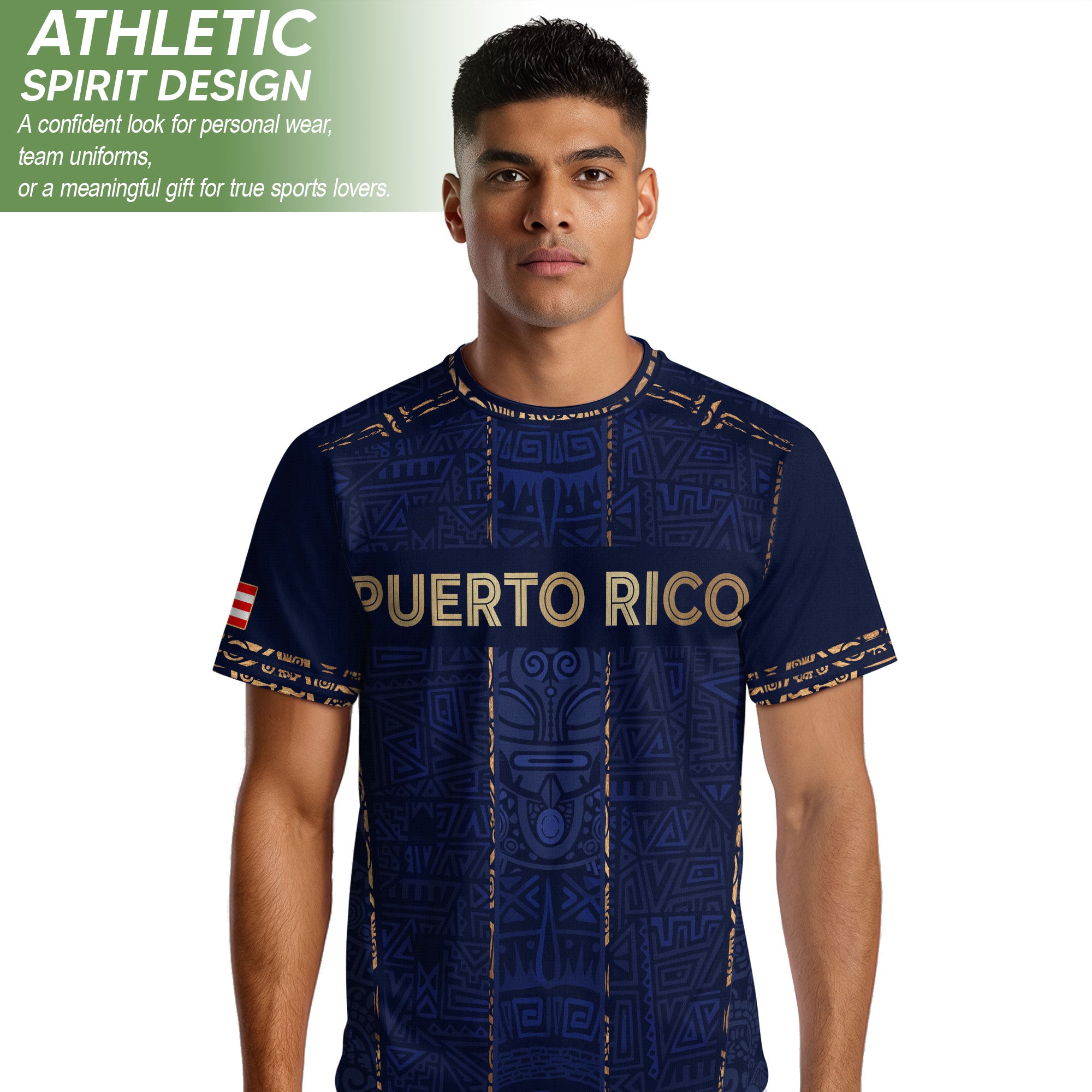 Camiseta de fútbol con máscara taína boricua azul marino de Puerto Rico, bandera tribal, orgullo nacional