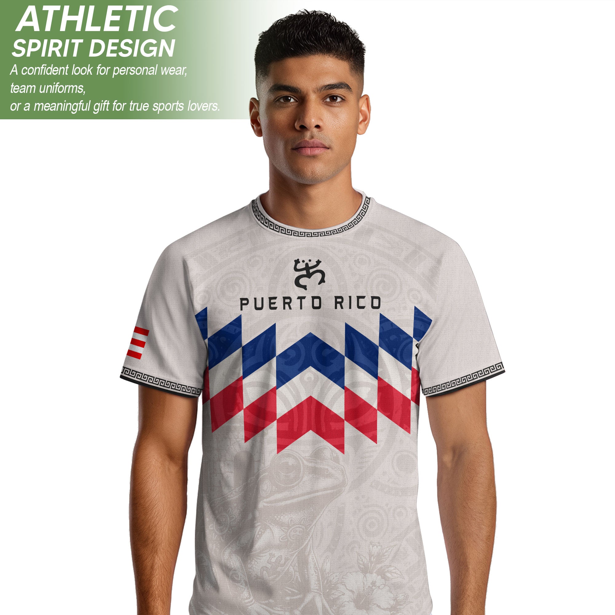 Puerto Rico Soccer Jersey Beige Red Blue Geometric Coqui Tribal Pride Apparel