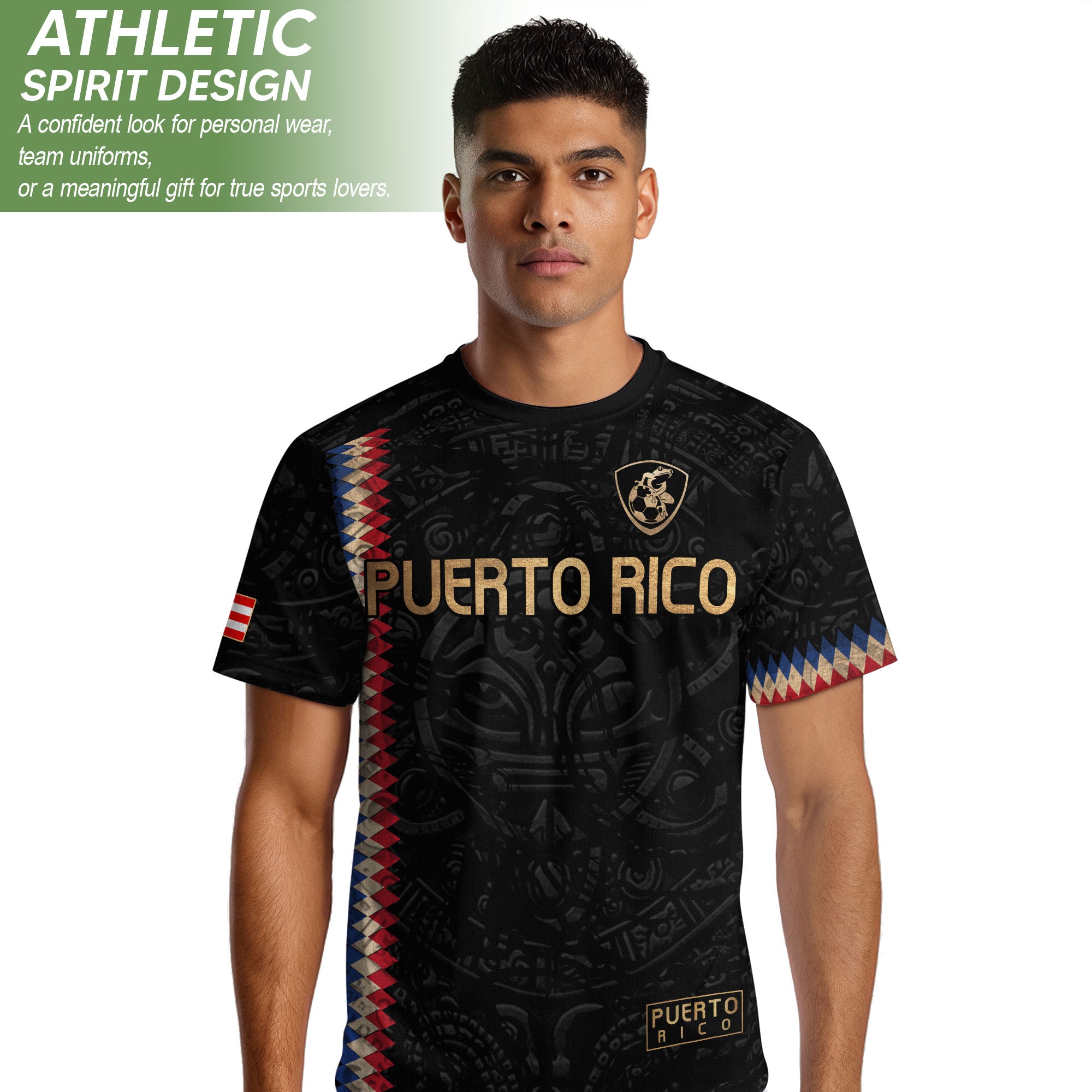 Camiseta de fútbol con máscara taína boricua azul marino de Puerto Rico, bandera tribal, orgullo nacional