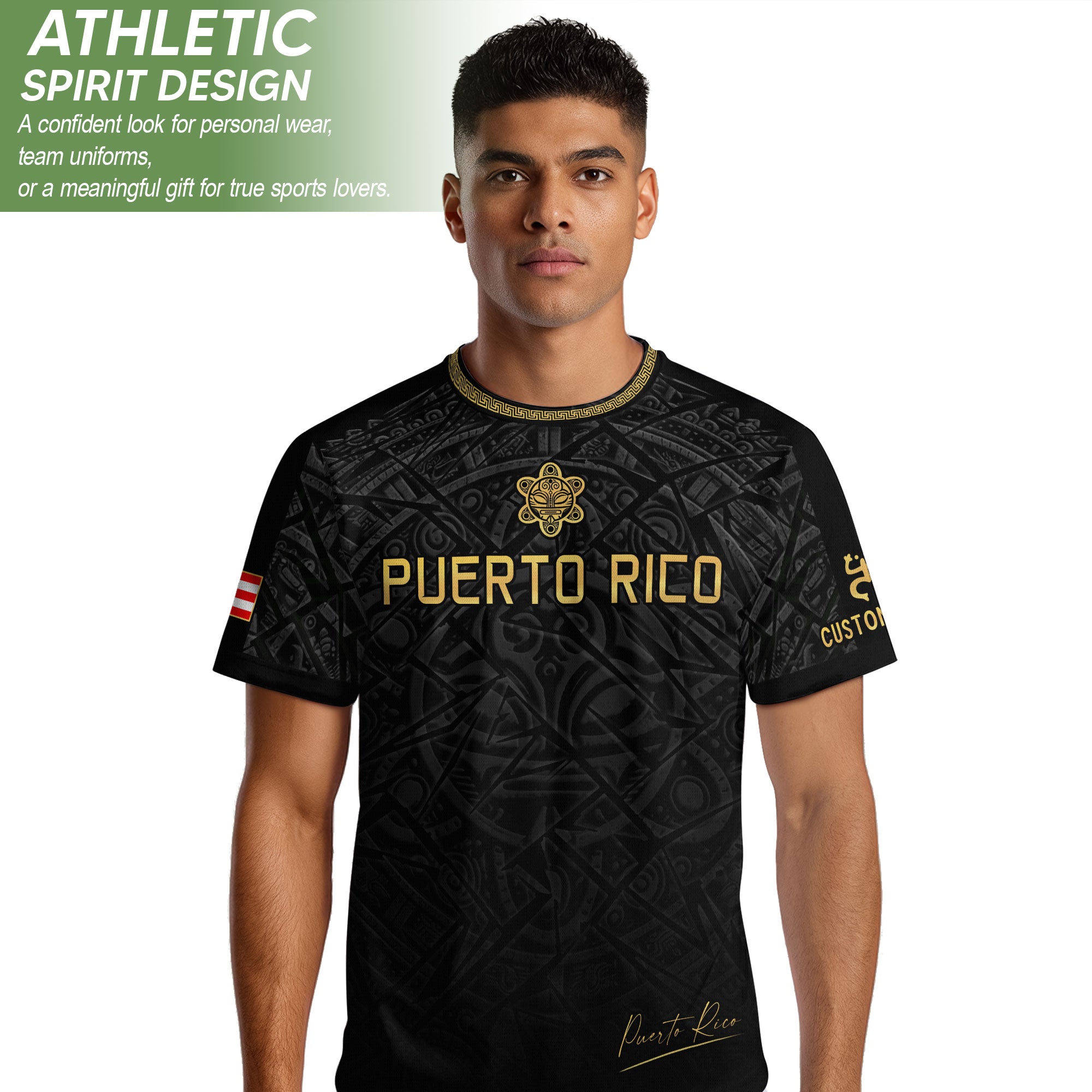 Custom Name Puerto Rico Jersey Black Gold Taino Symbols Boricua Sportswear