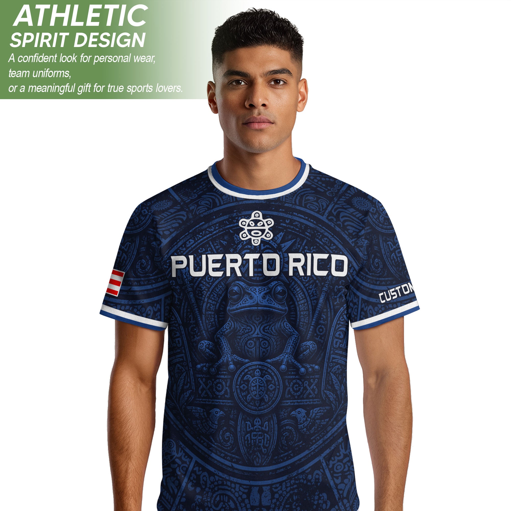 Personalized Puerto Rico Soccer Jersey Navy Blue with Taino Coqui Frog Design