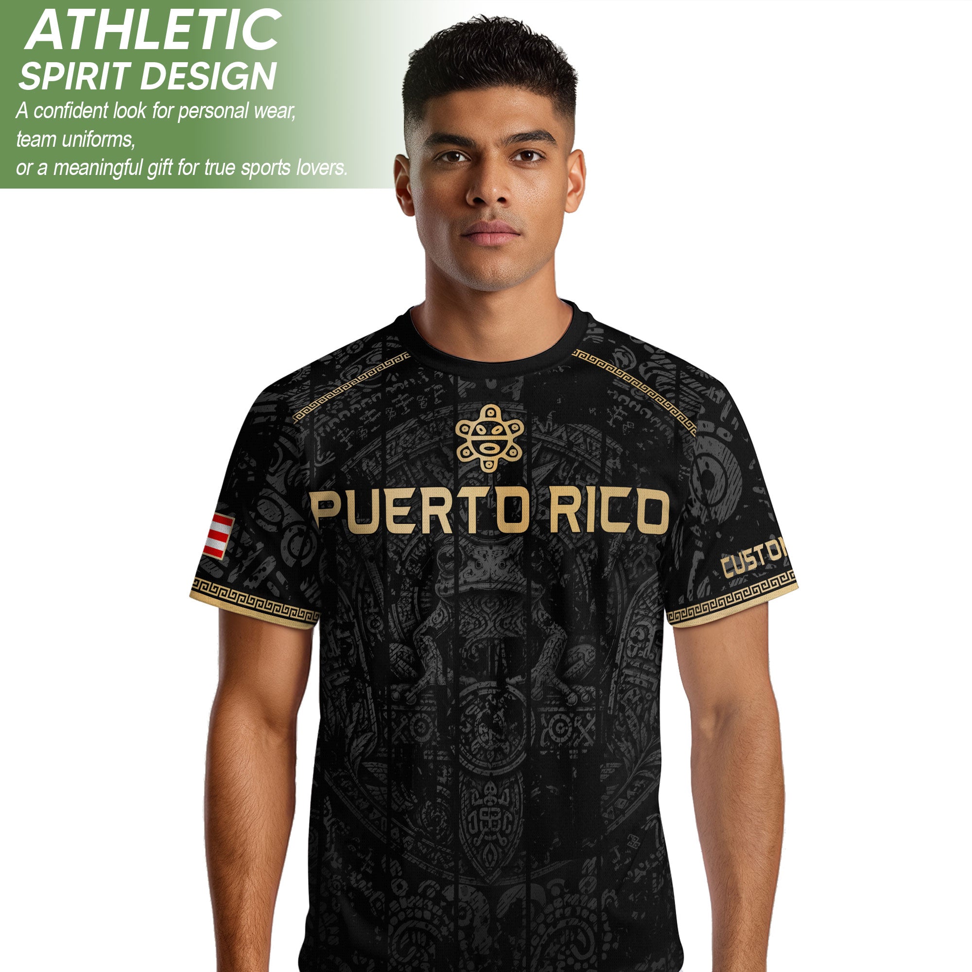 Personalized Name Black Puerto Rico Soccer Jersey Taino Gold Design Boricua Pride