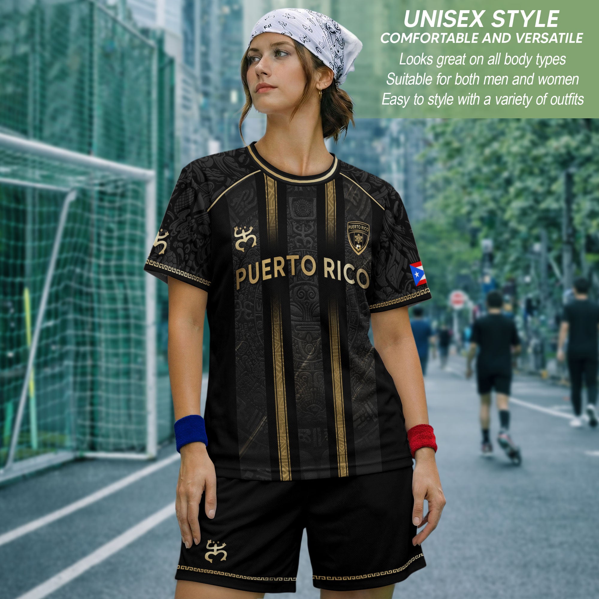 Puerto Rico Soccer Jersey - Black Vertical Stripe Taino Sun Heritage Football Shirt