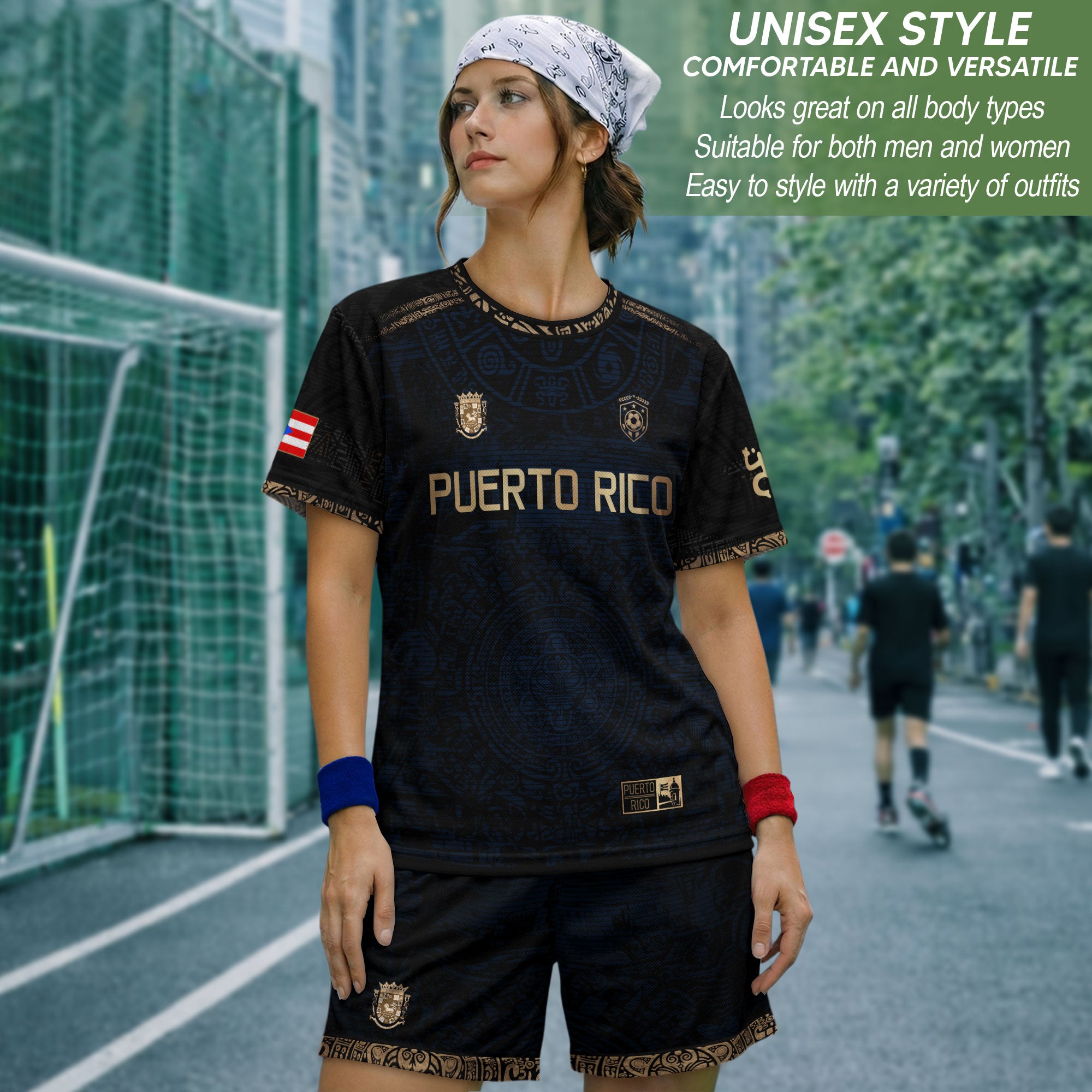 Puerto Rico Soccer Jersey Navy Gold - Taino Sun Calendar Design - Boricua Football Shirt