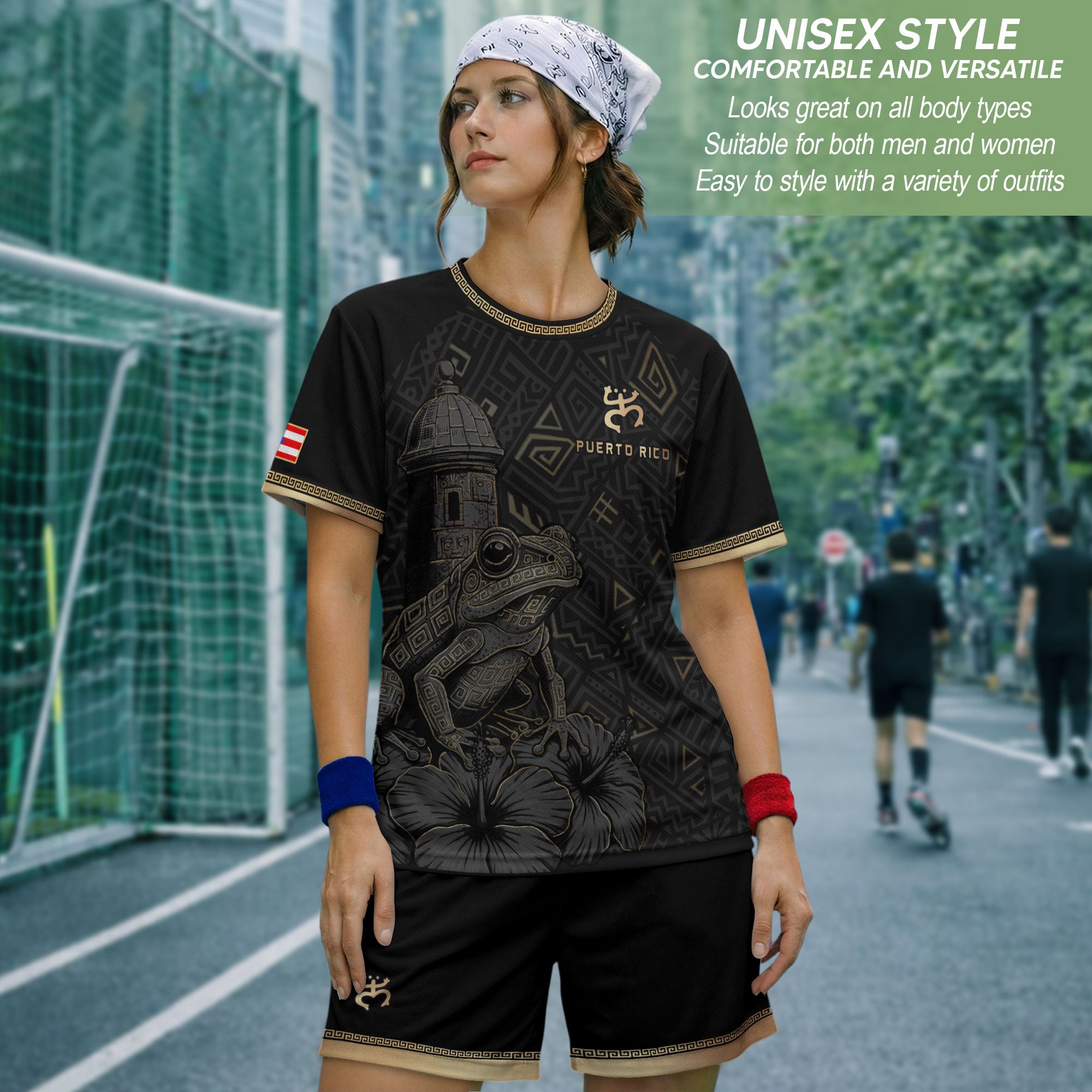 Puerto Rico Soccer Jersey Black Gold Coqui Frog Taino Pattern Patriotic