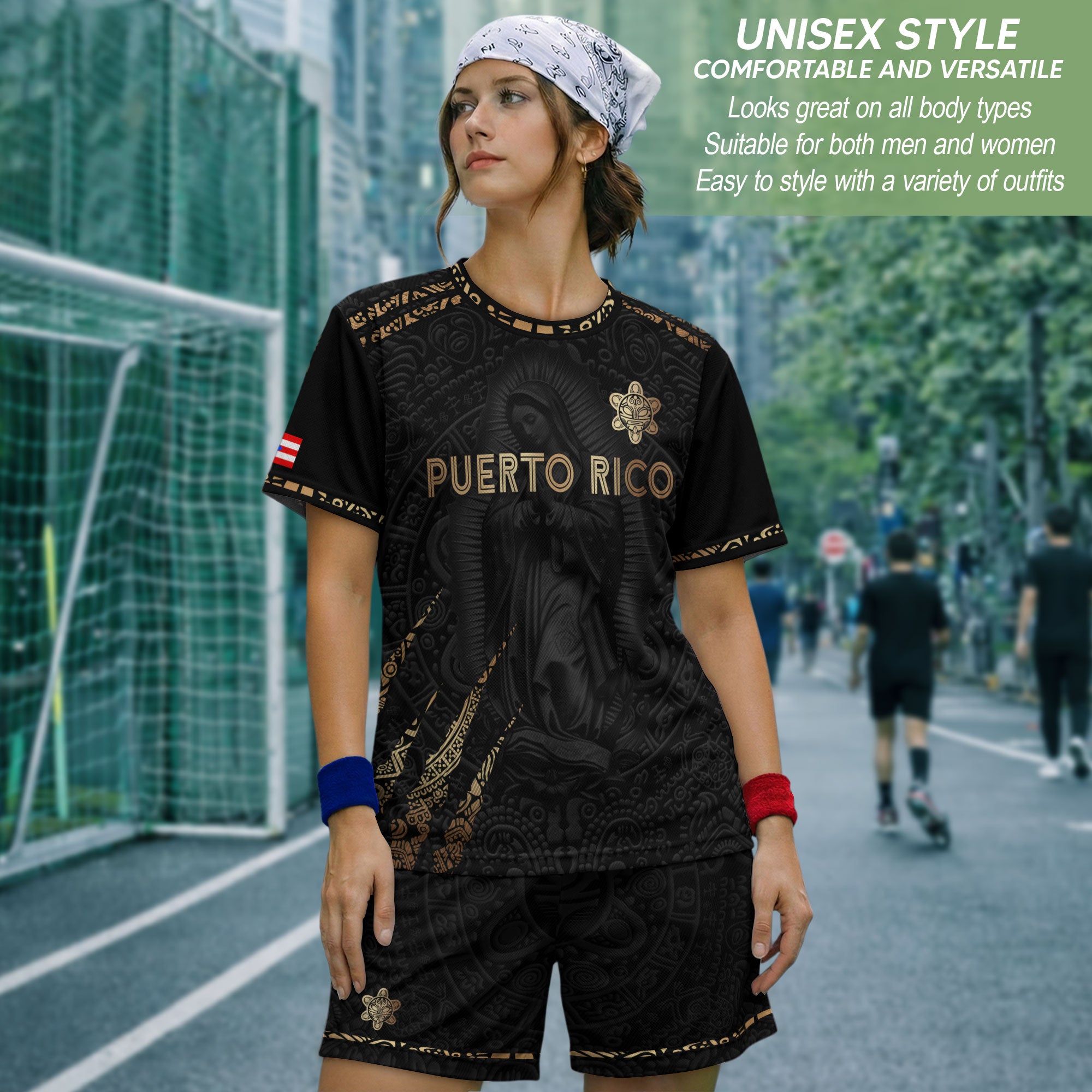 Puerto Rico Soccer Jersey Virgin Mary Guadalupe Taino Pattern Black Gold