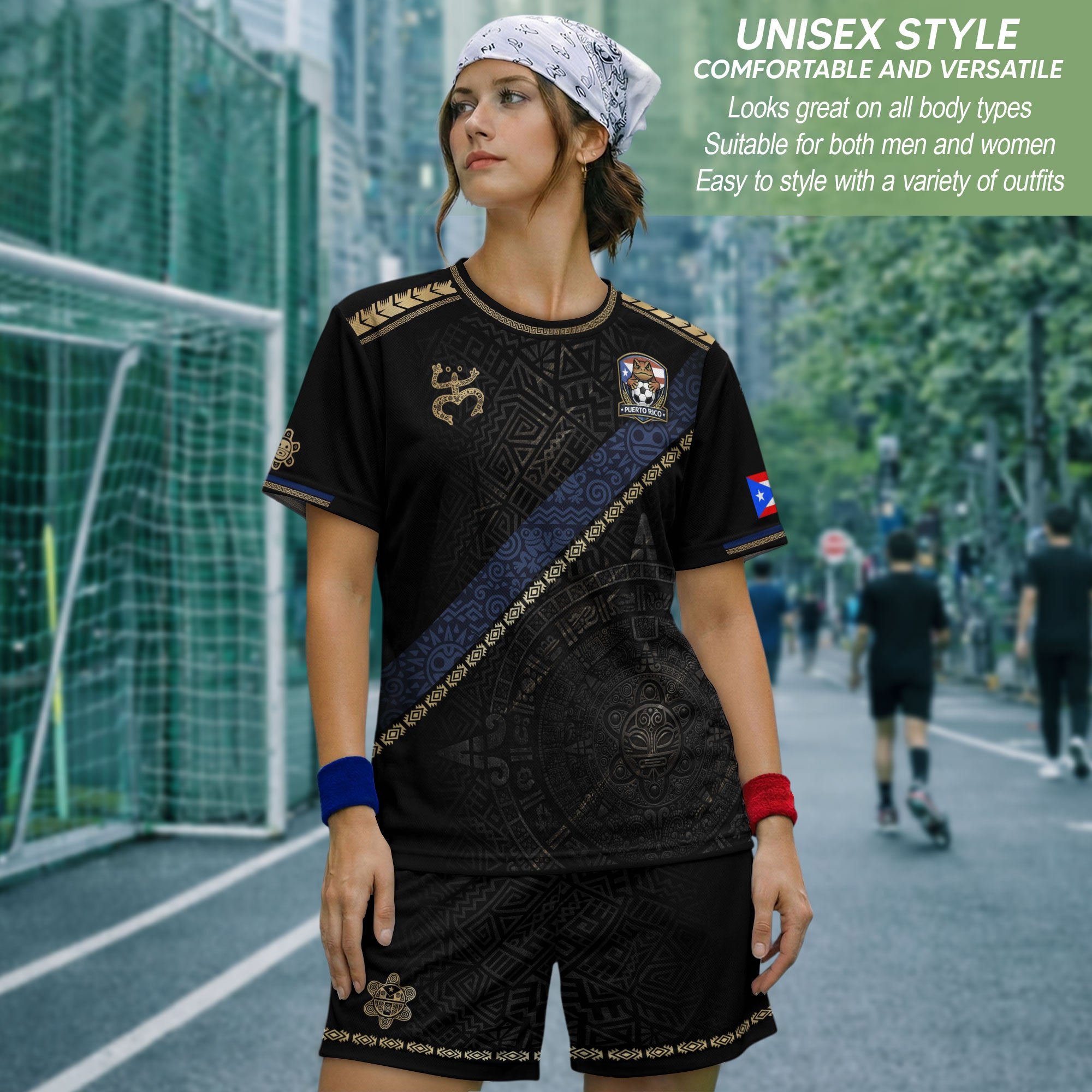 Puerto Rico Heritage Black Sash Graphic Gold Pattern Boricua Pride Soccer Jersey