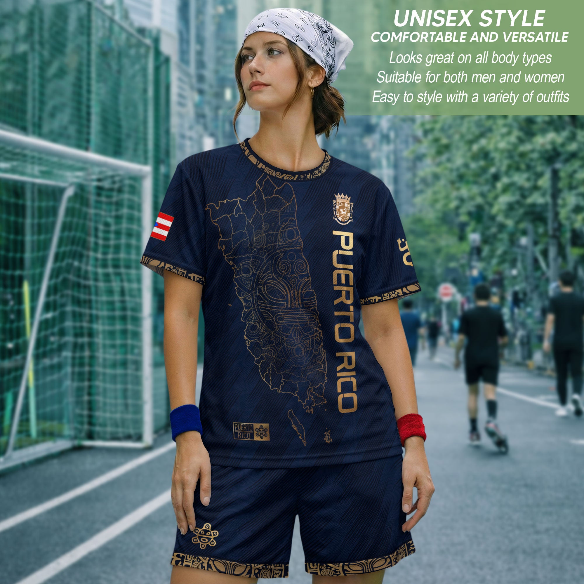 Puerto Rico Soccer Jersey Navy Gold - Puerto Rico Map & Coat of Arms Edition Football Shirt