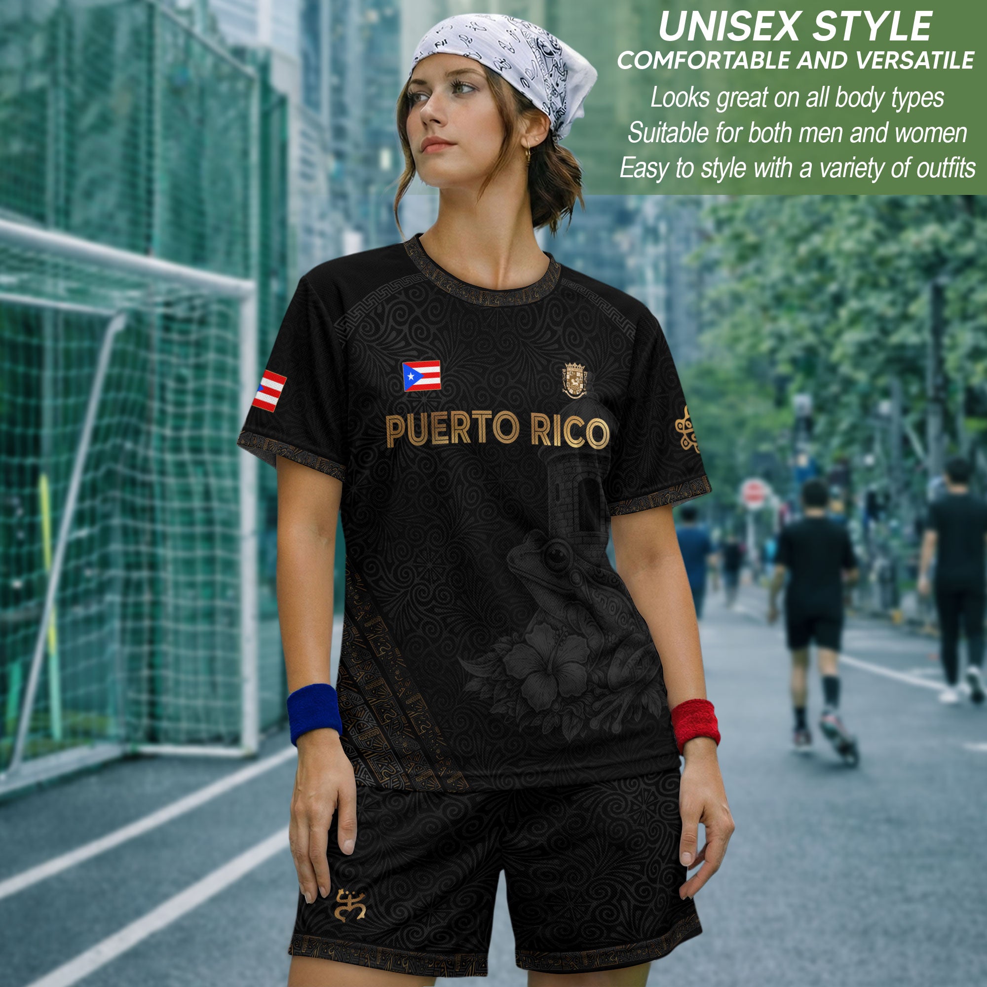 Puerto Rico Soccer Jersey - El Morro & Coqui Frog Design - Taino Sun Tribal Black Gold
