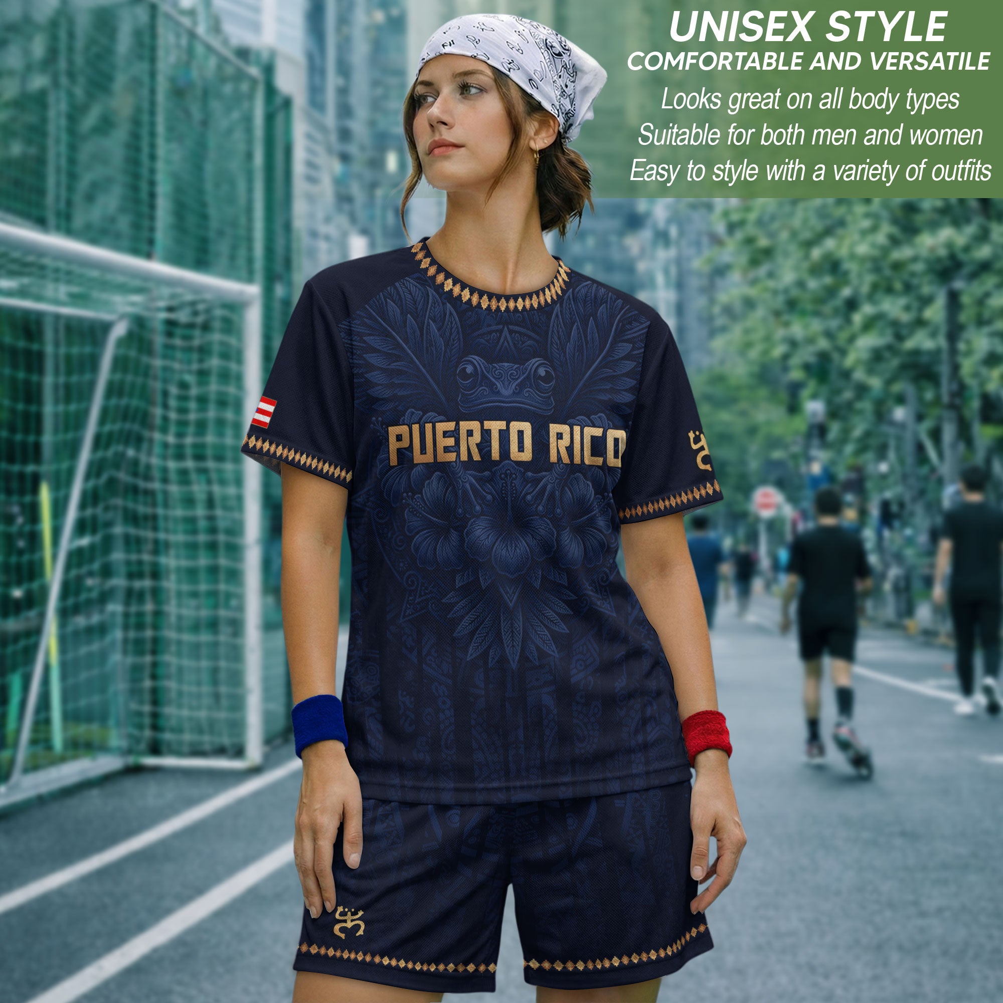Camiseta de fútbol con máscara taína boricua azul marino de Puerto Rico, bandera tribal, orgullo nacional