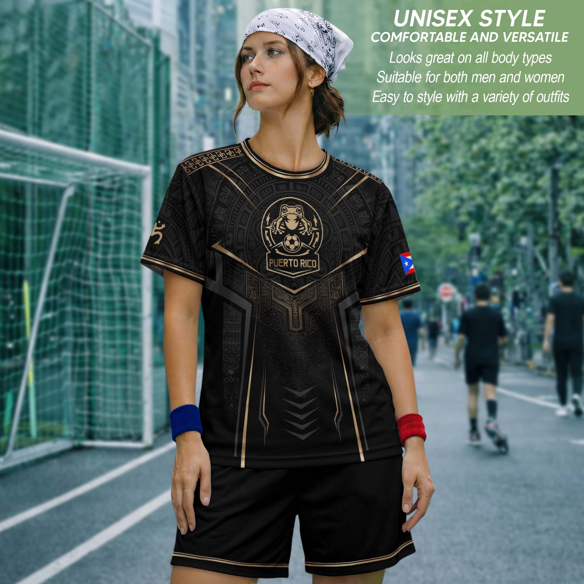 Black Puerto Rico Soccer Jersey Gold Coquí Frog Crest - Taino Sun Tribal Football Shirt
