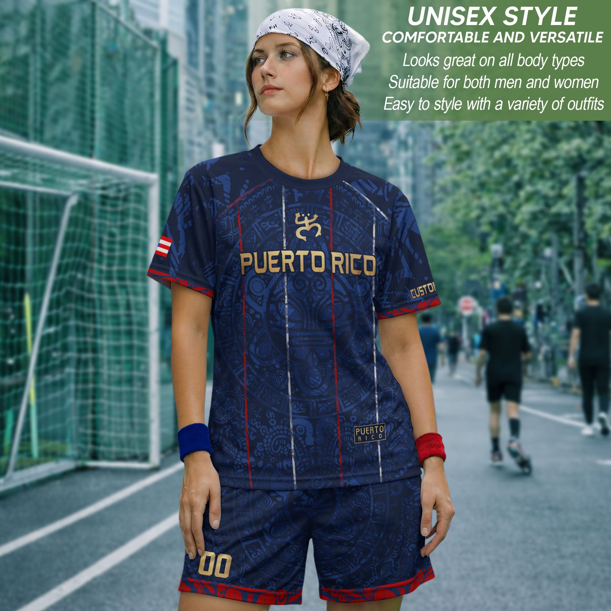 Puerto Rico Custom Soccer Jersey Navy Blue Gold Text Coqui Frog Boricua Pride Gif