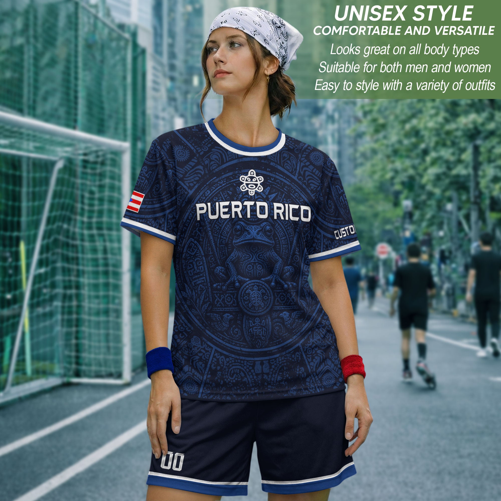 Personalized Puerto Rico Soccer Jersey Navy Blue with Taino Coqui Frog Design