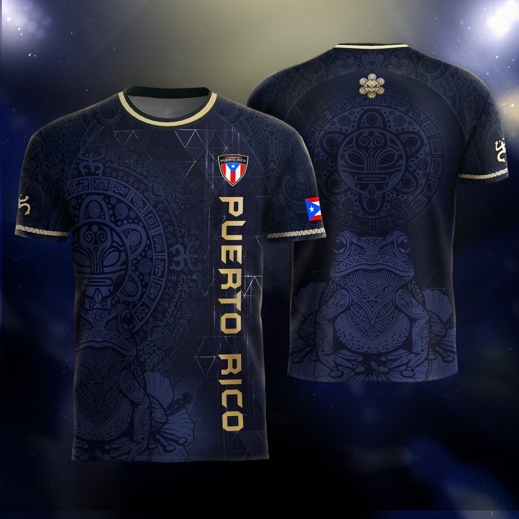 Puerto Rico Navy Gold Coqui Frog Floral Taino Sun National Heritage Soccer Jersey