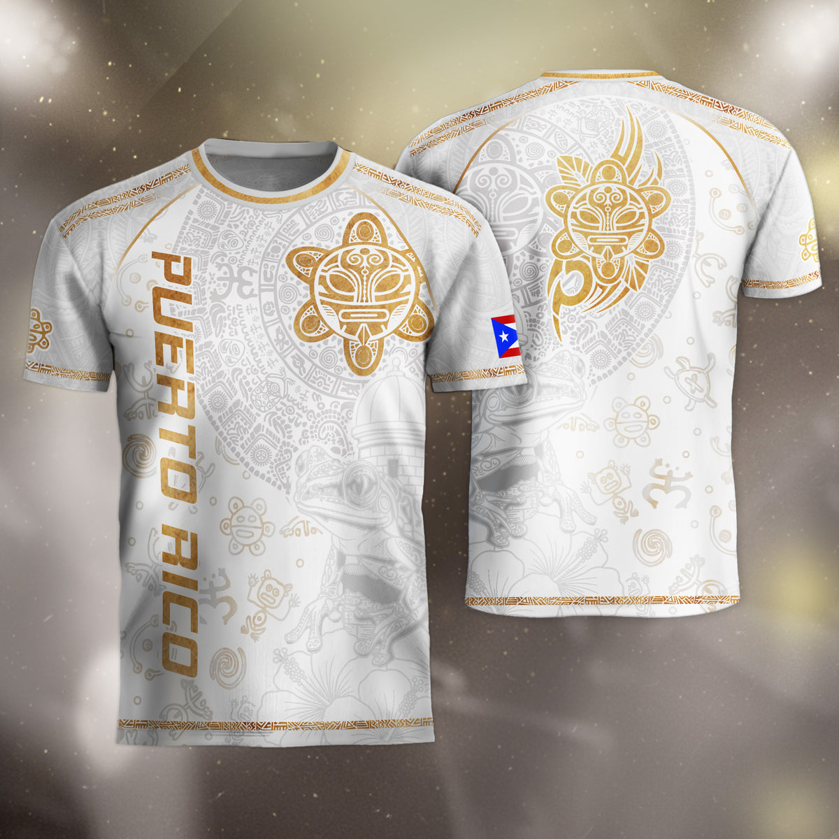 Camiseta de fútbol de la herencia nacional del sol taíno de Puerto Rico, rana coquí dorada blanca