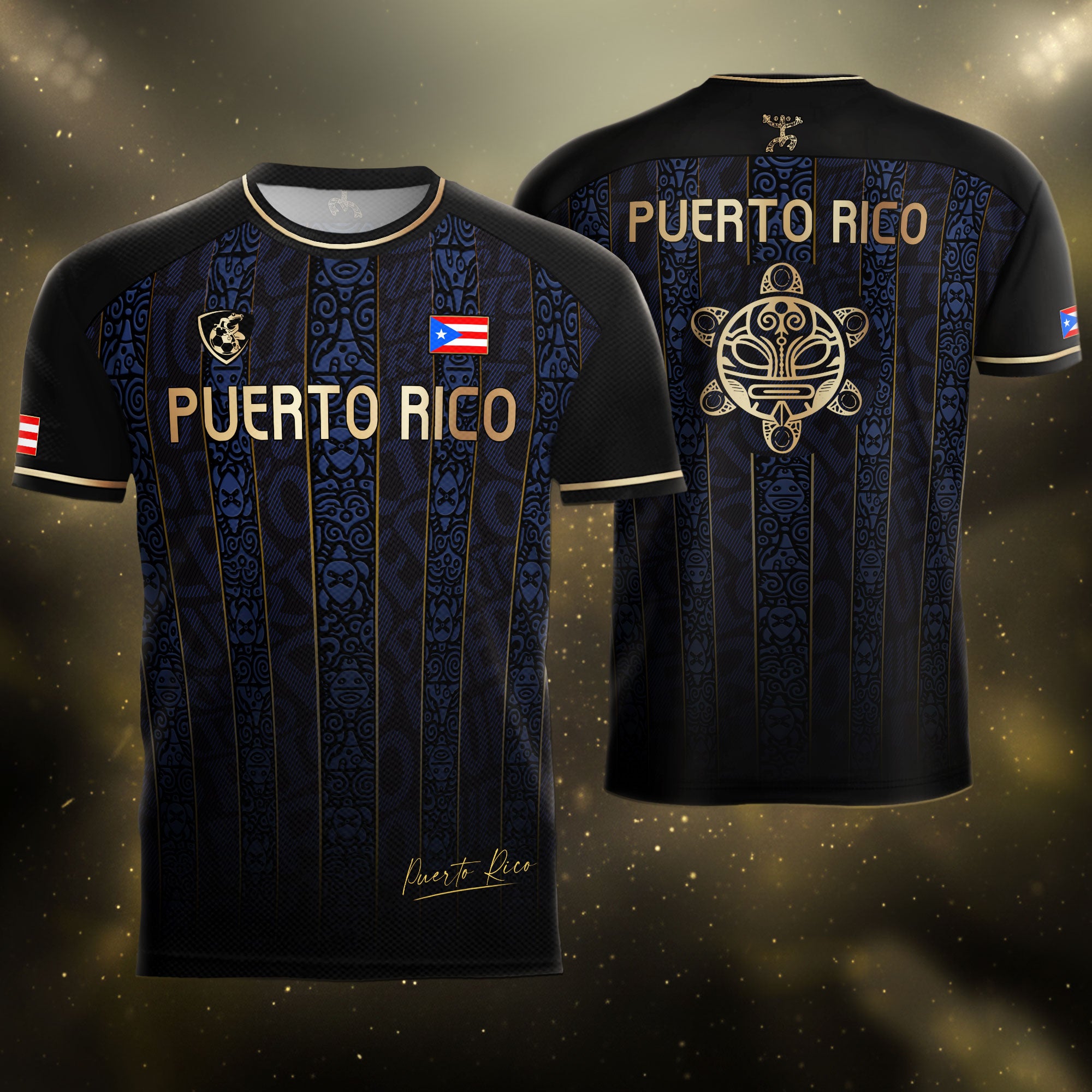 Navy Puerto Rico Soccer Jersey Taino Heritage Gold Coqui Print Boricua Football Shirt Men