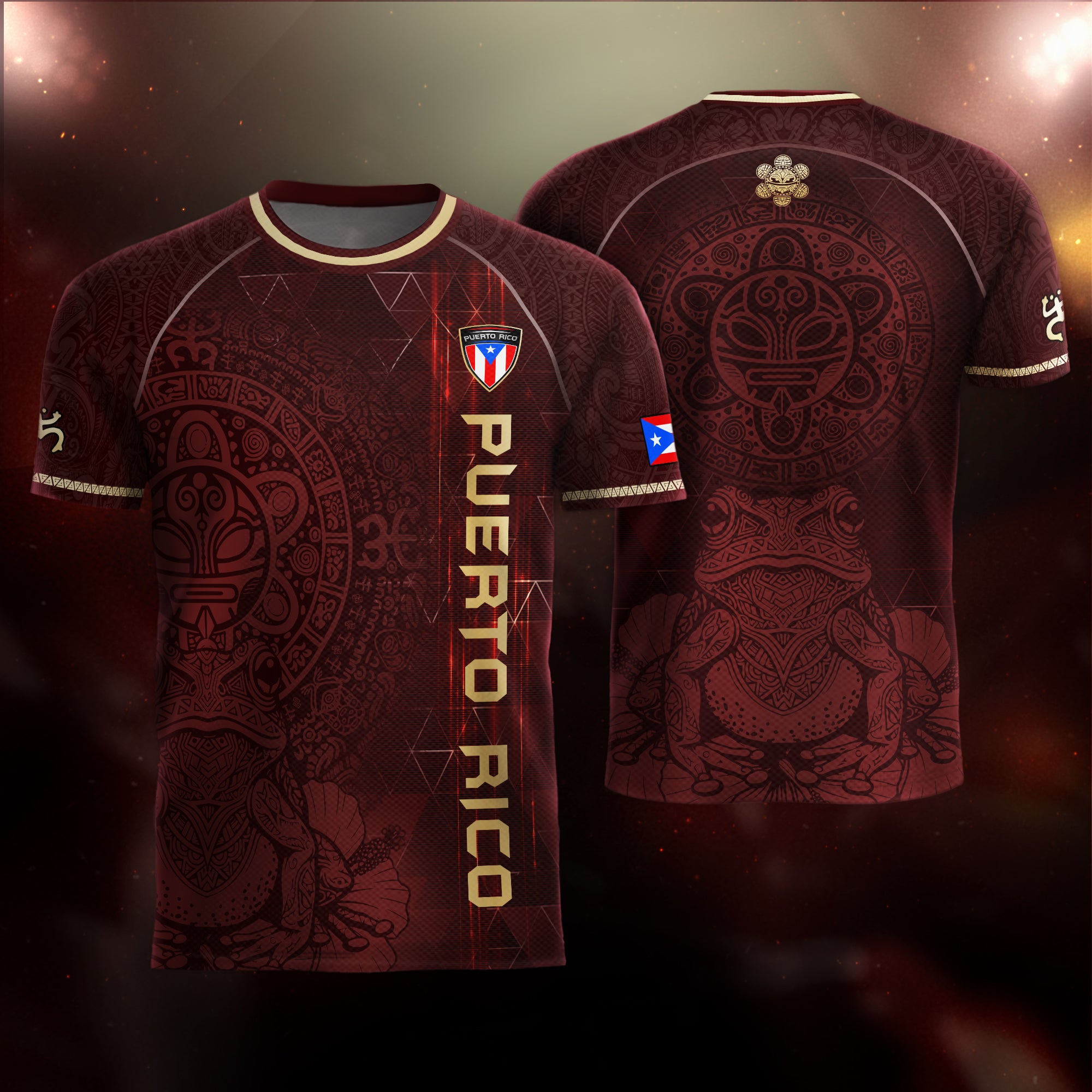 Puerto Rico Maroon Gold Coqui Frog Taino Sun National Heritage Boricua Soccer Jersey