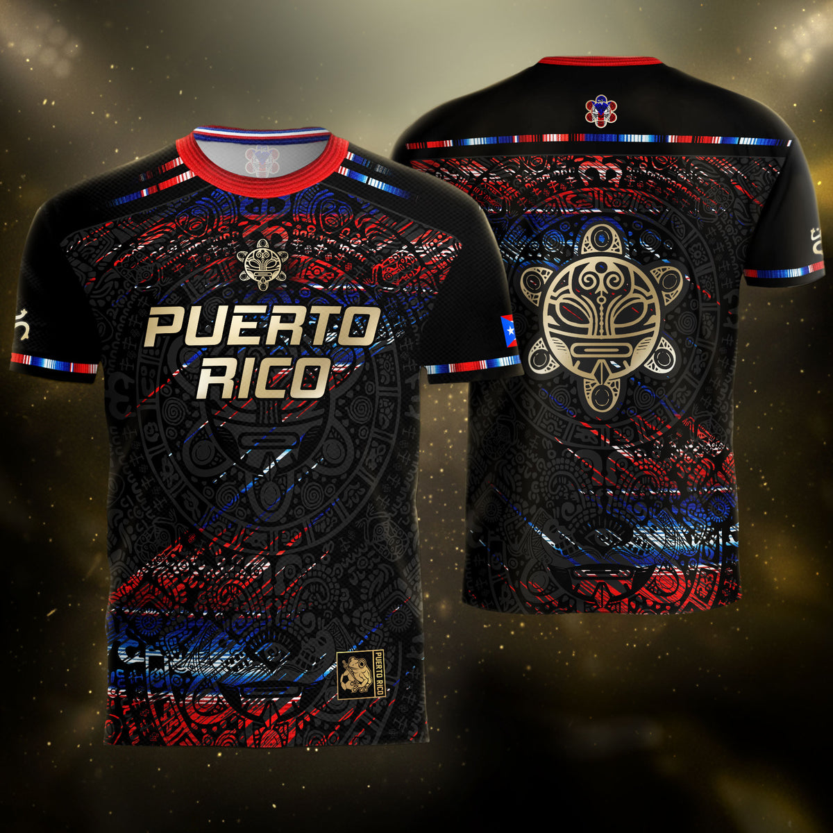 Camiseta de fútbol deportiva de la herencia nacional del Sol Taino, color negro, rojo y azul abstracto de Puerto Rico