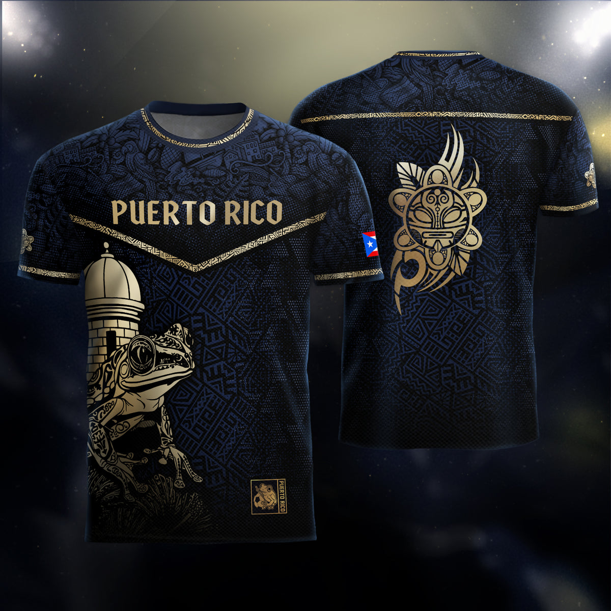 Puerto Rico Navy Gold Coqui Frog Garita Taino Sun National Heritage Camiseta de fútbol