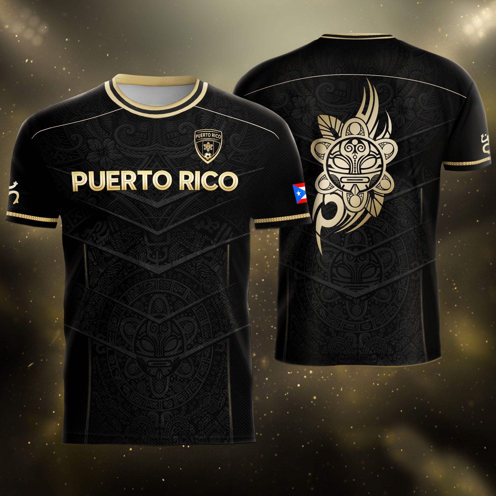 Puerto Rico Soccer Jersey - Black Gold Design with Lion Symbol & Puerto Rico Flag