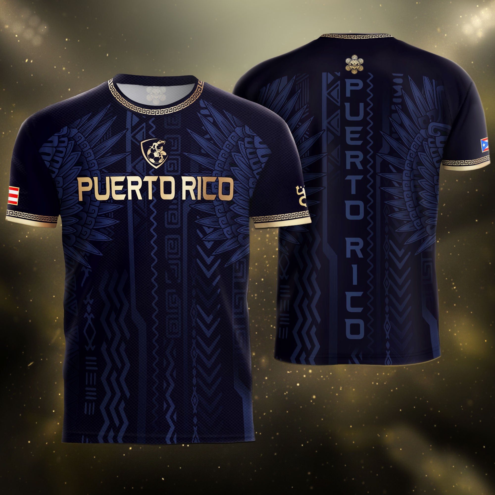 Camiseta de fútbol con máscara taína boricua azul marino de Puerto Rico, bandera tribal, orgullo nacional
