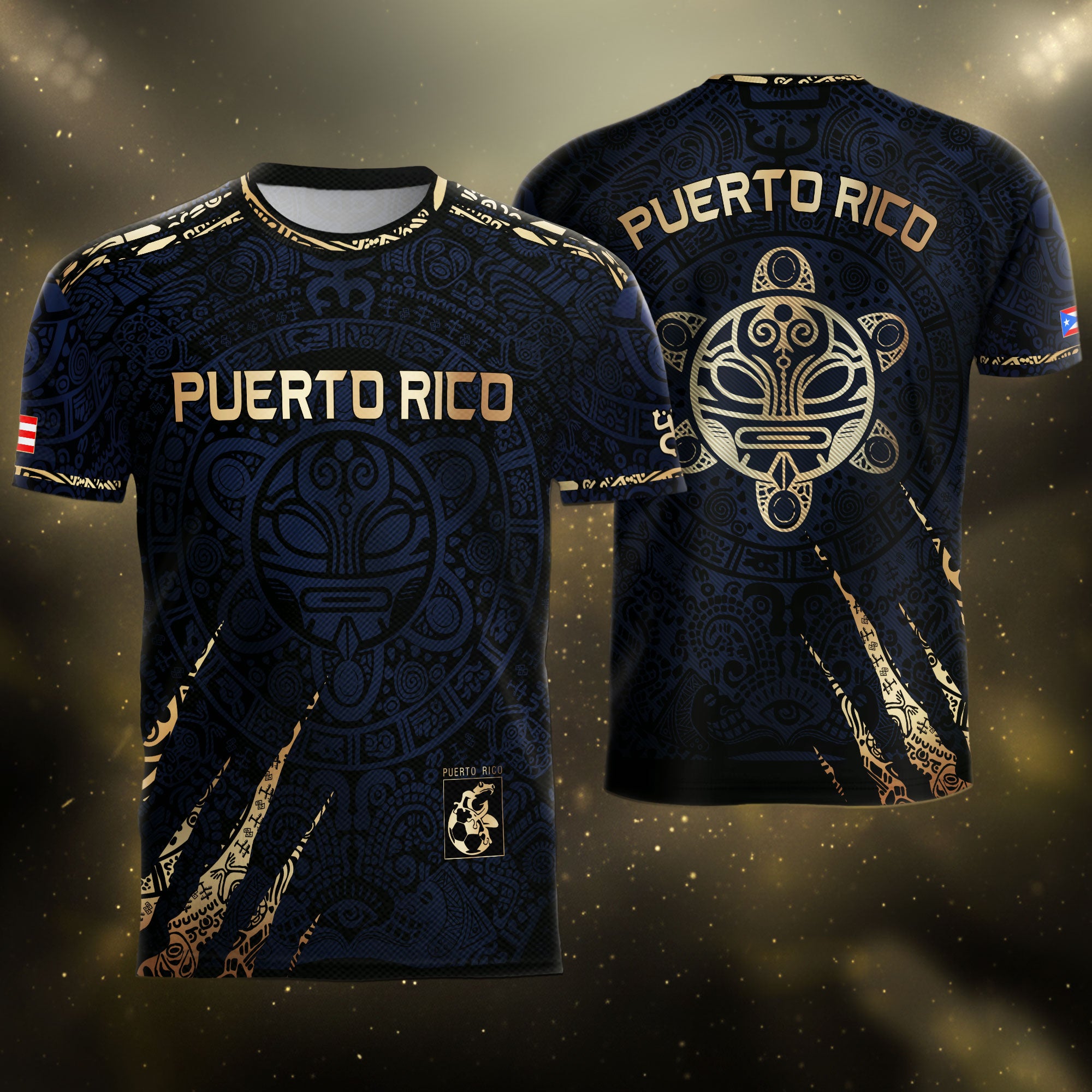Camiseta de fútbol con máscara taína boricua azul marino de Puerto Rico, bandera tribal, orgullo nacional