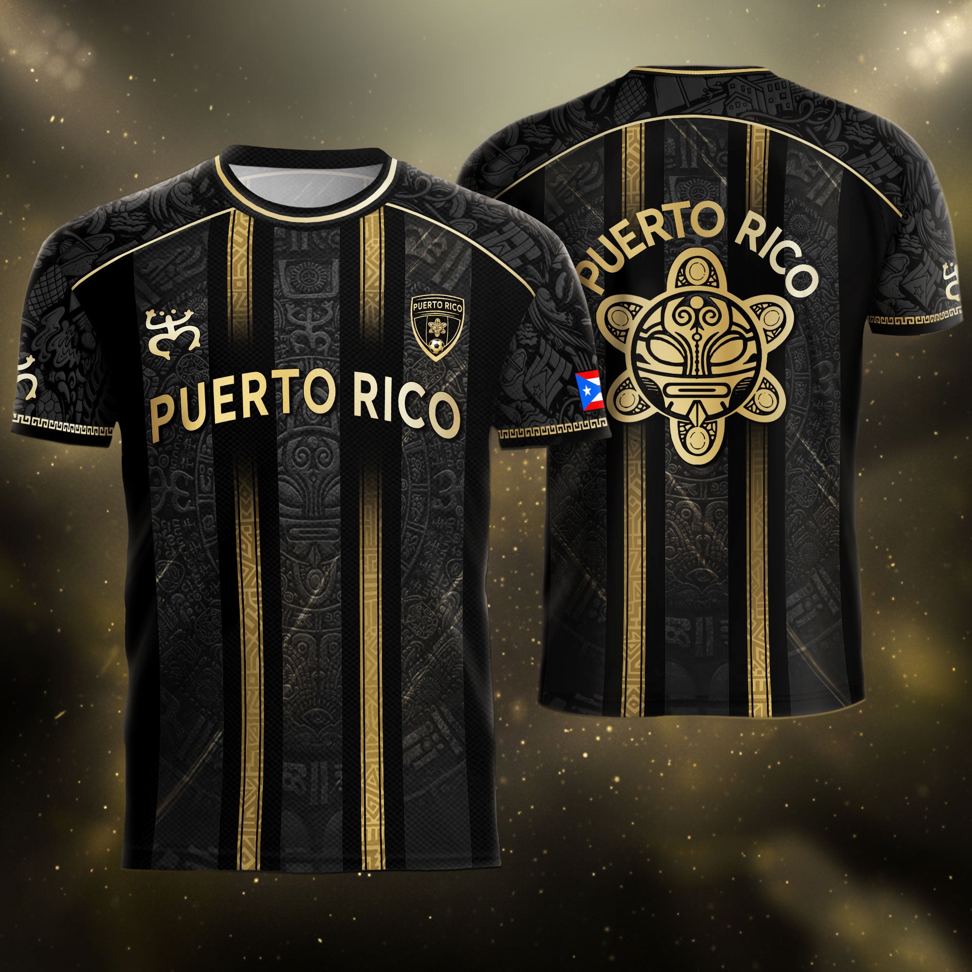 Puerto Rico Soccer Jersey - Black Vertical Stripe Taino Sun Heritage Football Shirt