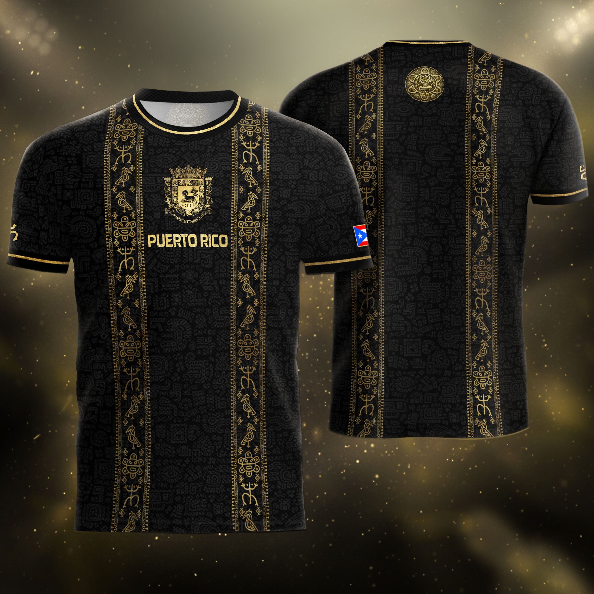 Puerto Rico Soccer Jersey - Coat of Arms & Taino Petroglyphs Black Heritage Shirt