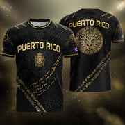 Puerto Rico Soccer Jersey in Elite Black for Men and Women, Gold Taino Sun & Shield Heritage, Puerto Rico Jersey and Puerto Rico Shirt, Northryn Co.