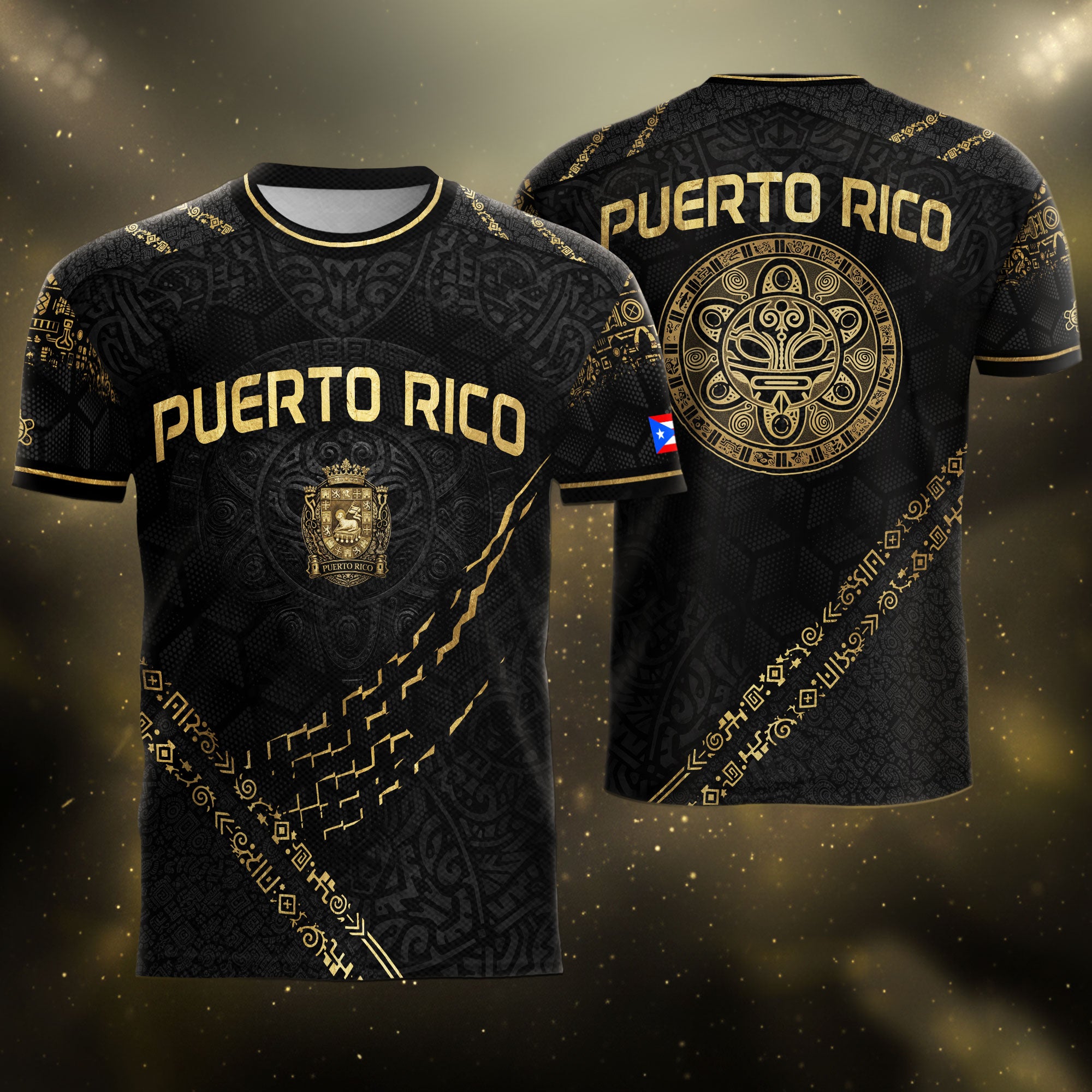 Puerto Rico Soccer Jersey - Elite Black Gold Taino Sun & Shield Heritage Jersey
