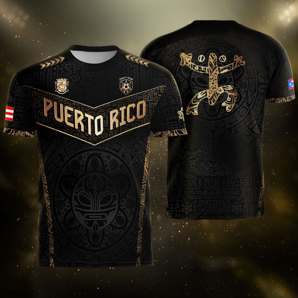 Puerto Rico Soccer Jersey Black Gold - Coquí Frog & Taino Sun - V-Shape Tribal Shirt