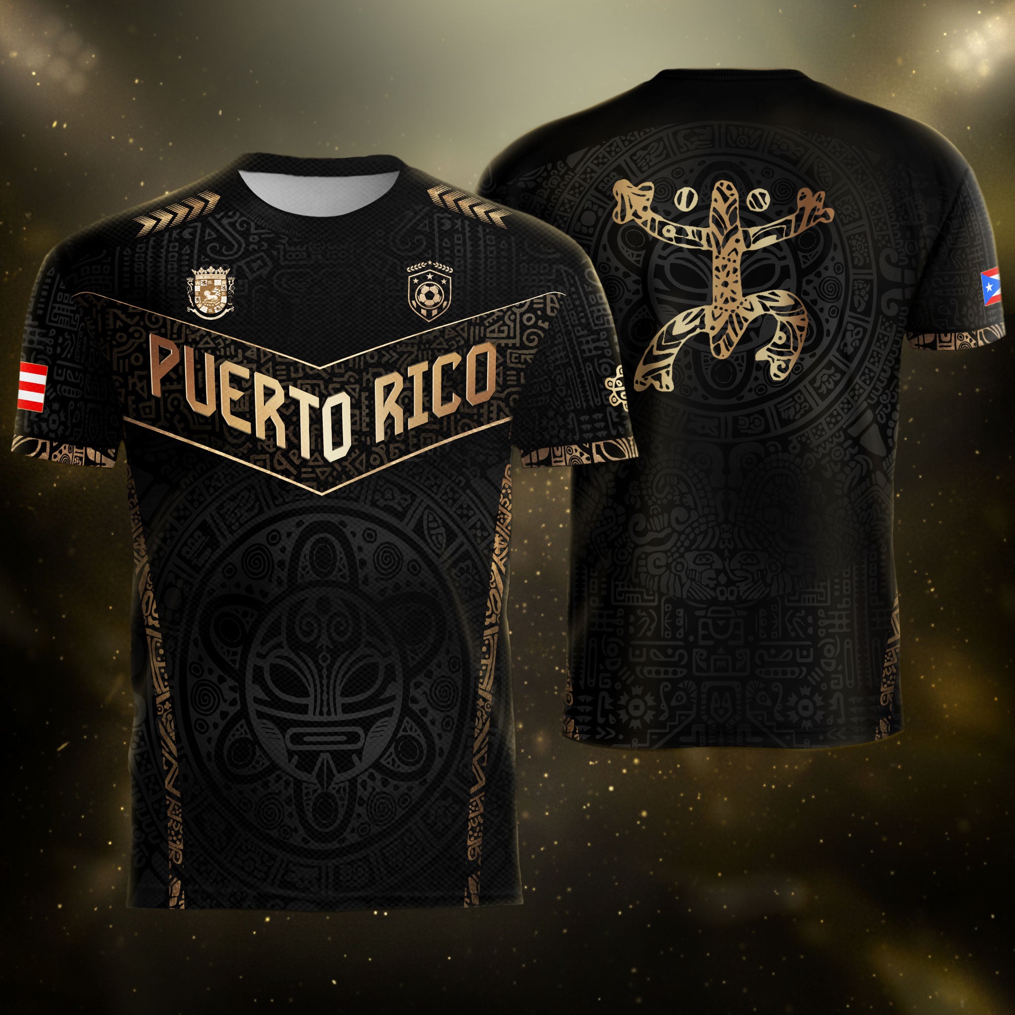 Puerto Rico Soccer Jersey Black Gold - Coquí Frog & Taino Sun - V-Shape Tribal Shirt