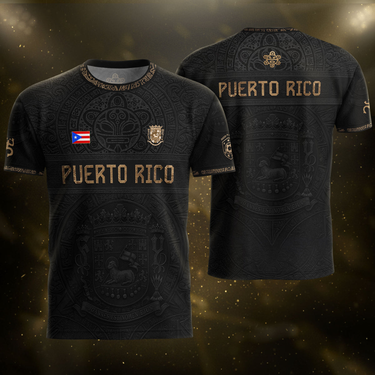 Black Gold Puerto Rico Soccer Jersey Taino Sun & Coat of Arms Football Shirt
