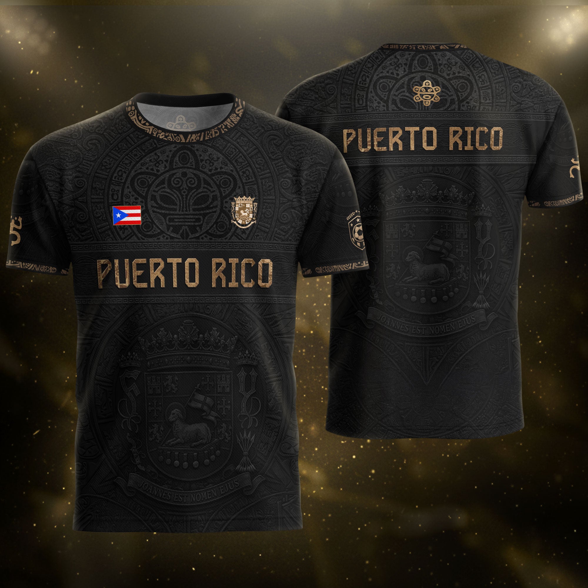 Black Gold Puerto Rico Soccer Jersey Taino Sun & Coat of Arms Football Shirt