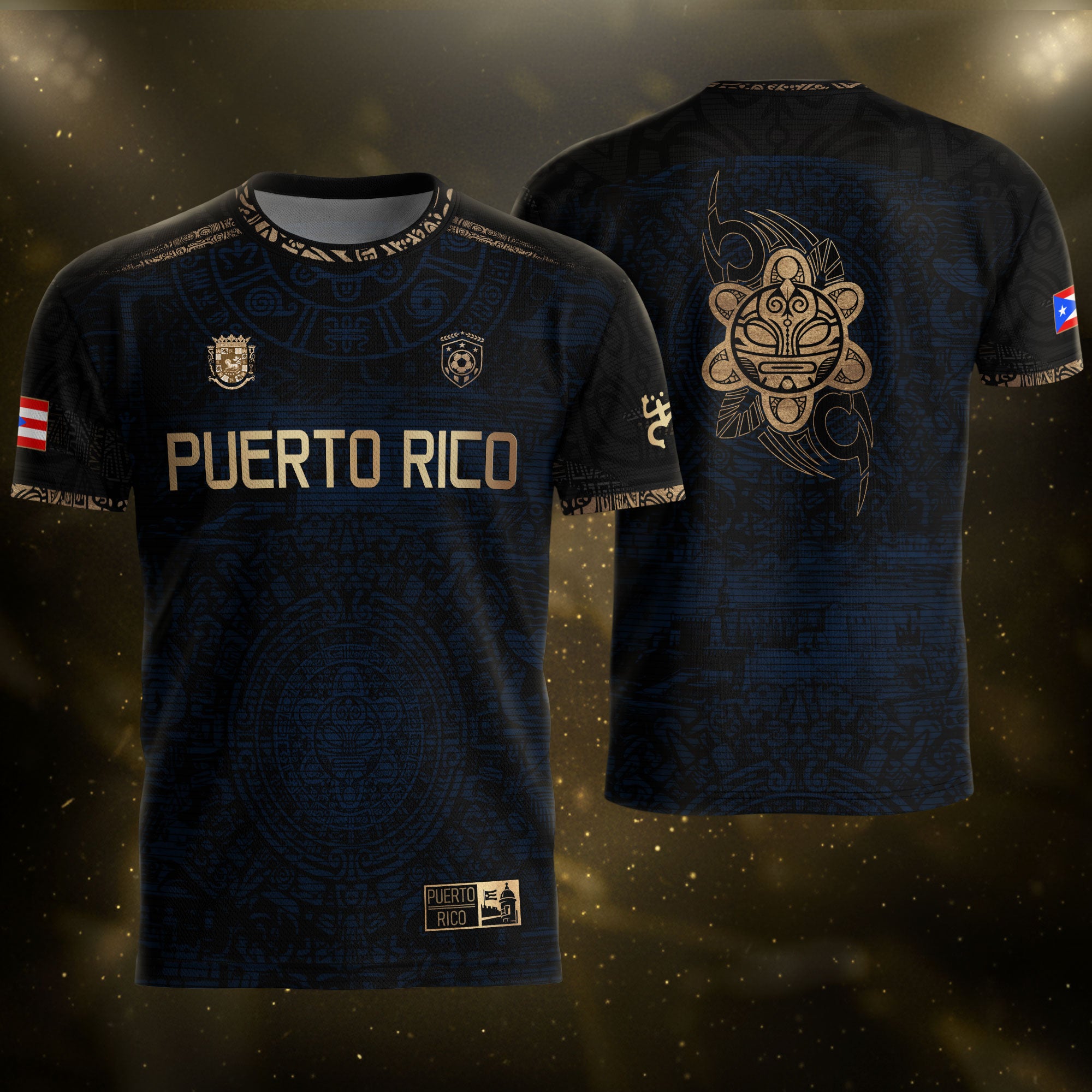 Puerto Rico Soccer Jersey Navy Gold - Taino Sun Calendar Design - Boricua Football Shirt