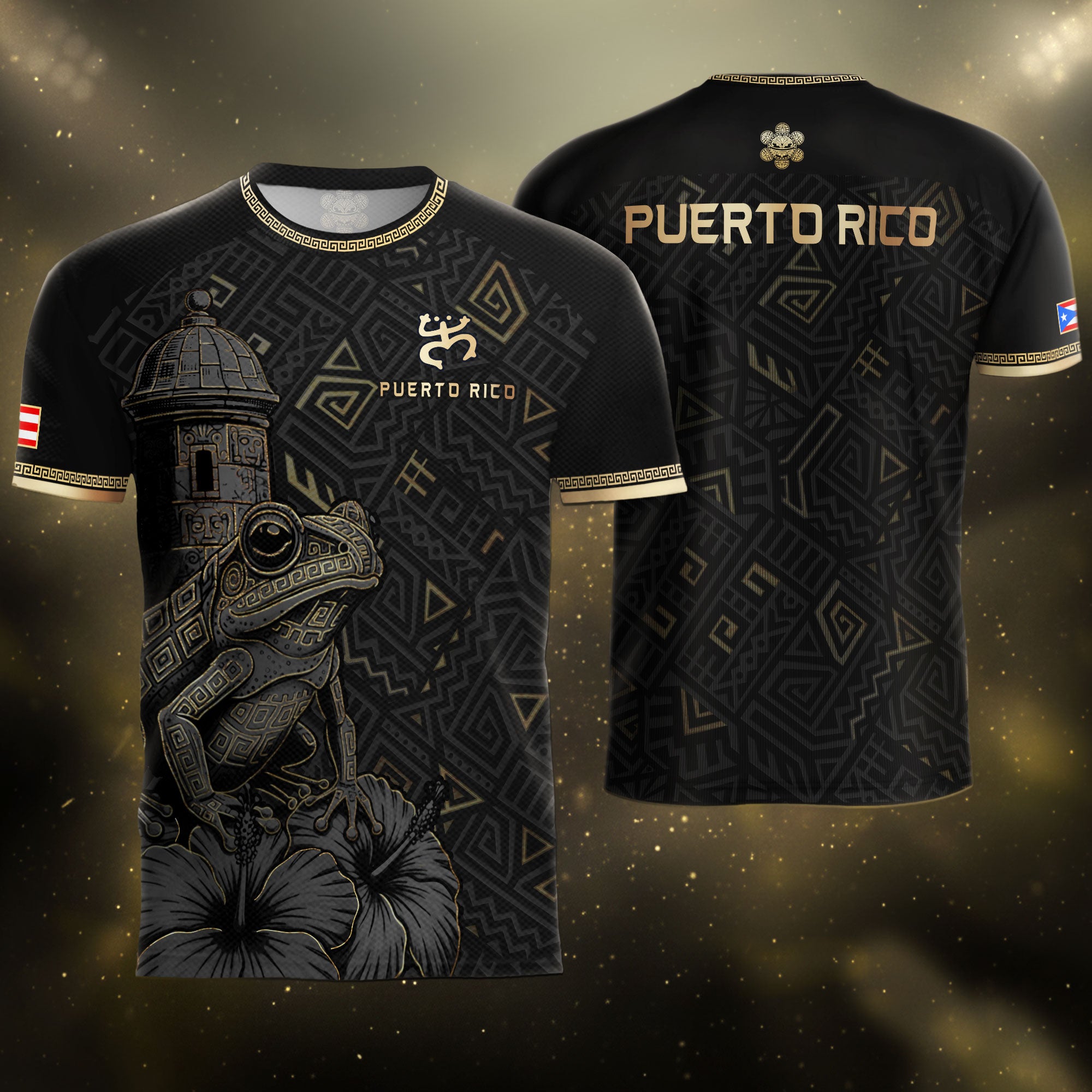Puerto Rico Soccer Jersey Black Gold Coqui Frog Taino Pattern Patriotic