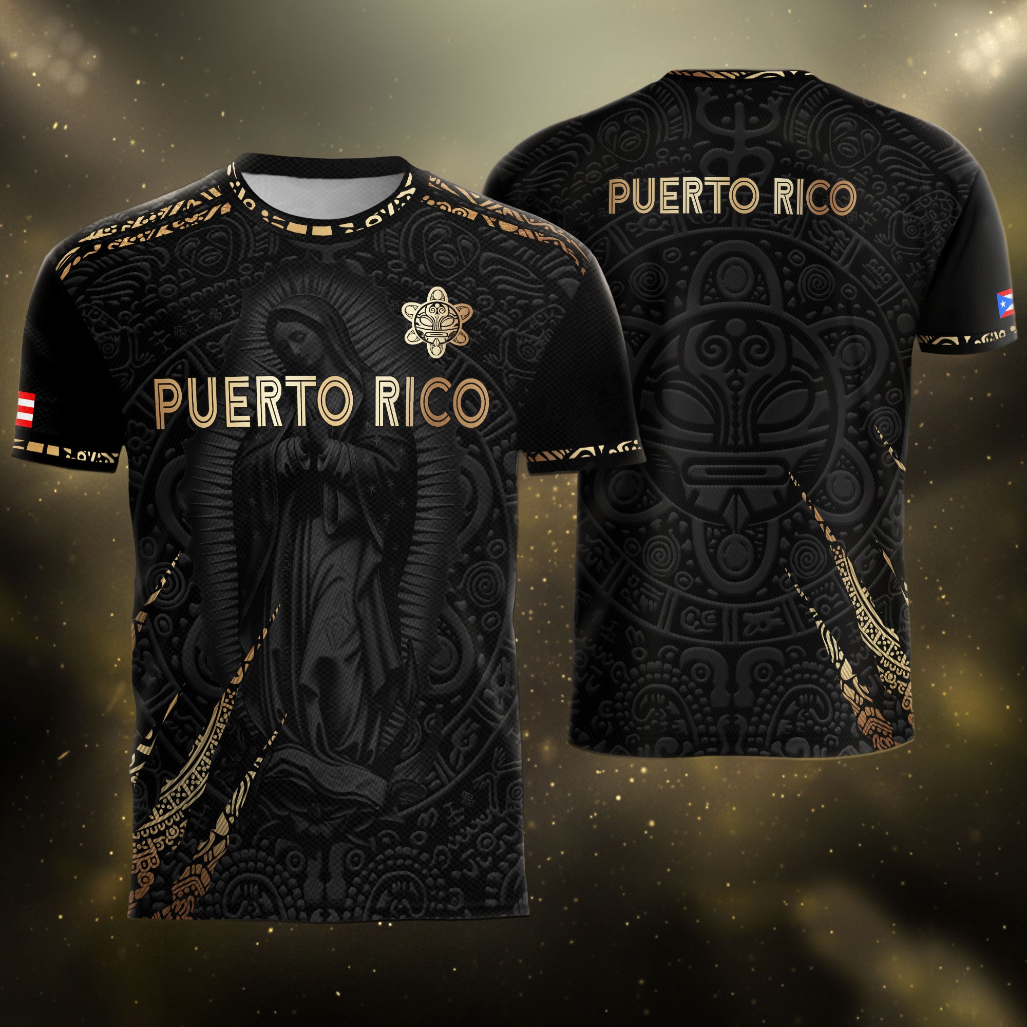 Puerto Rico Soccer Jersey Virgin Mary Guadalupe Taino Pattern Black Gold