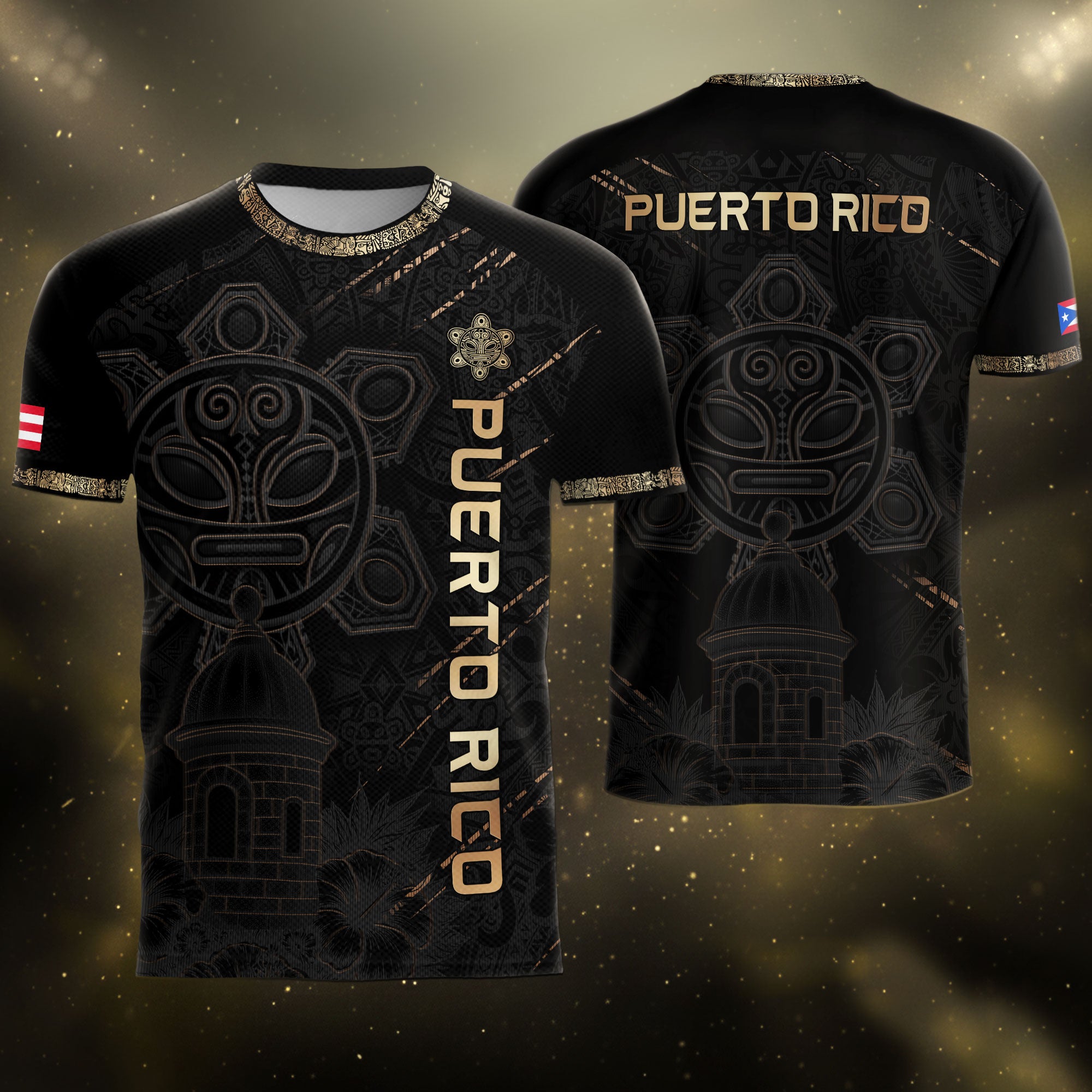 Puerto Rico Soccer Jersey Black Gold Taino Art Patriotic Fan Shirt