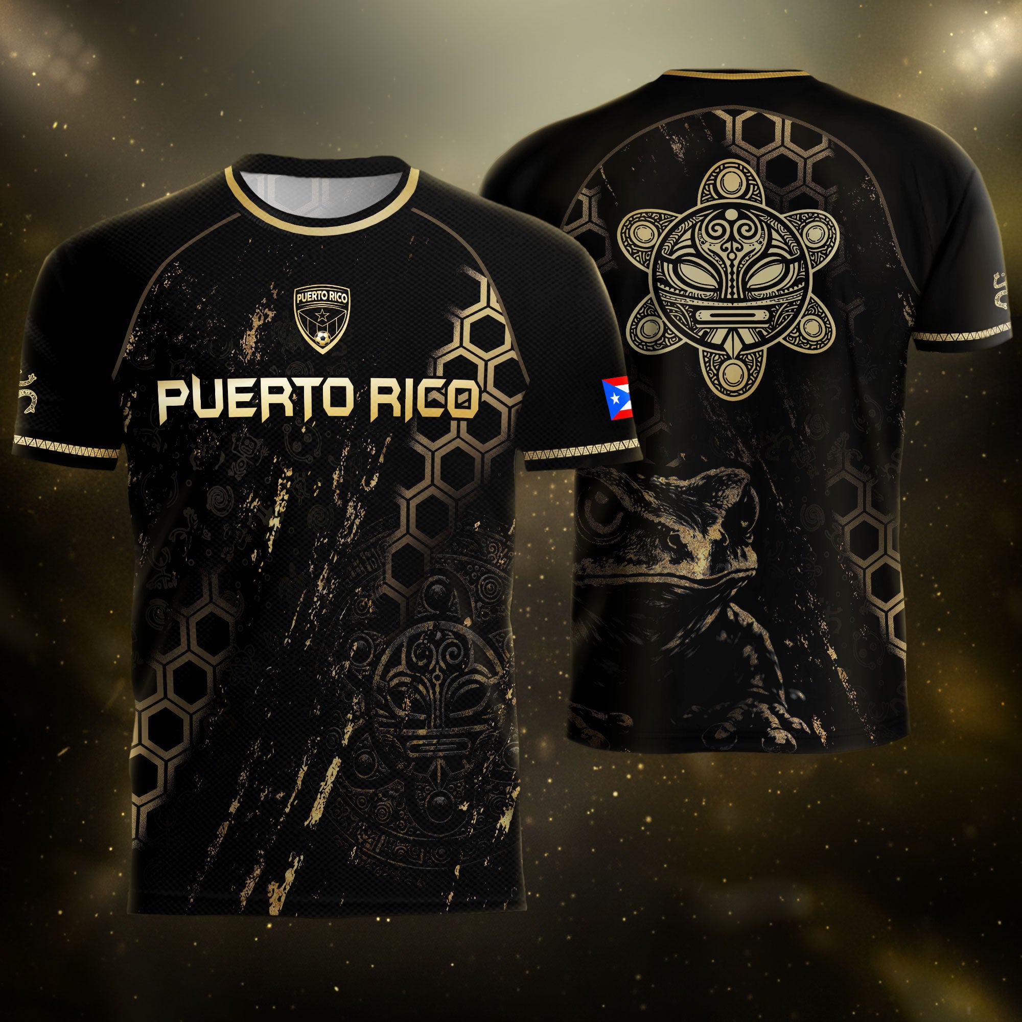 Puerto Rico Heritage Black Gold Coqui Frog Graphic Taino Mask Pride Soccer Jersey