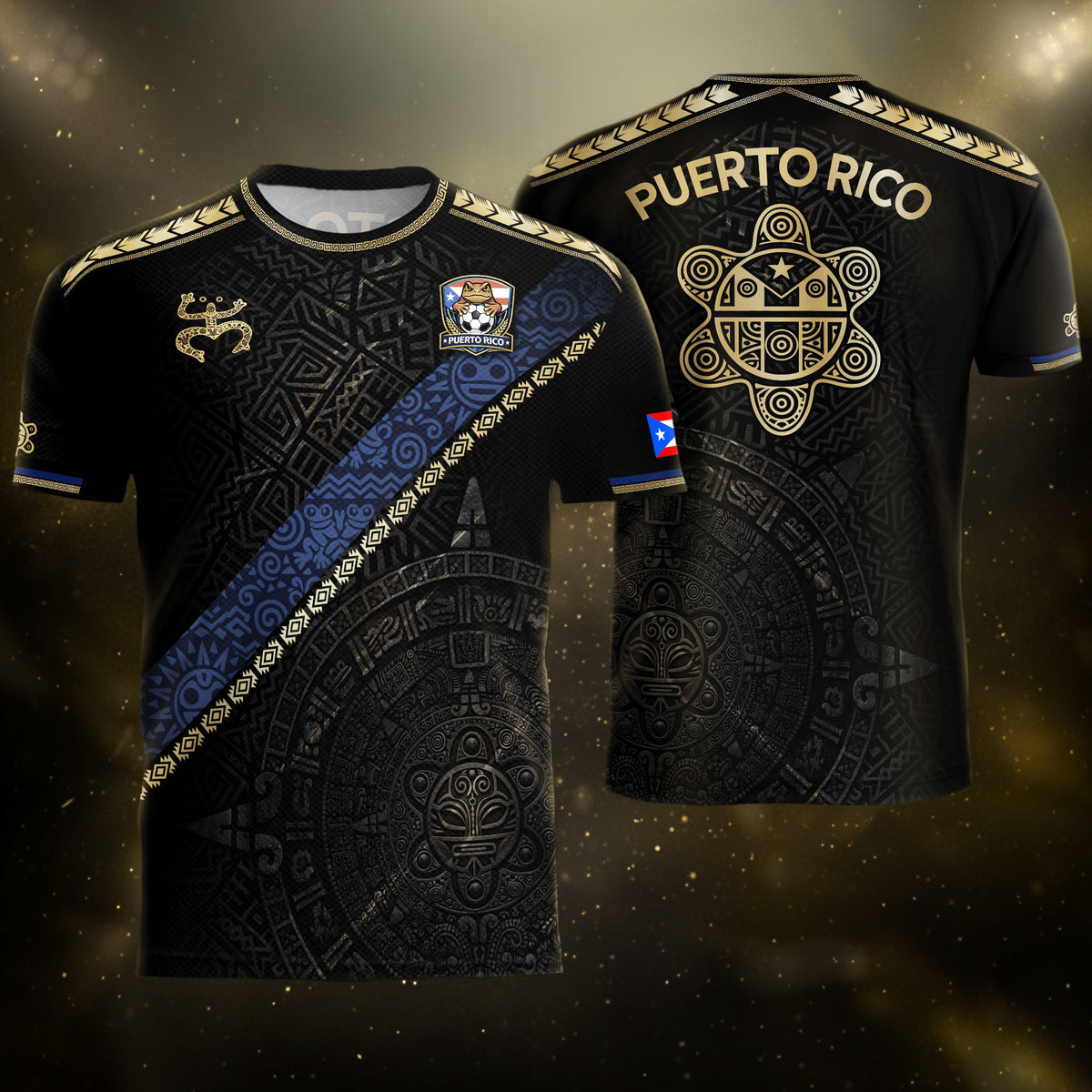 Puerto Rico Heritage Black Sash Graphic Gold Pattern Boricua Pride Soccer Jersey
