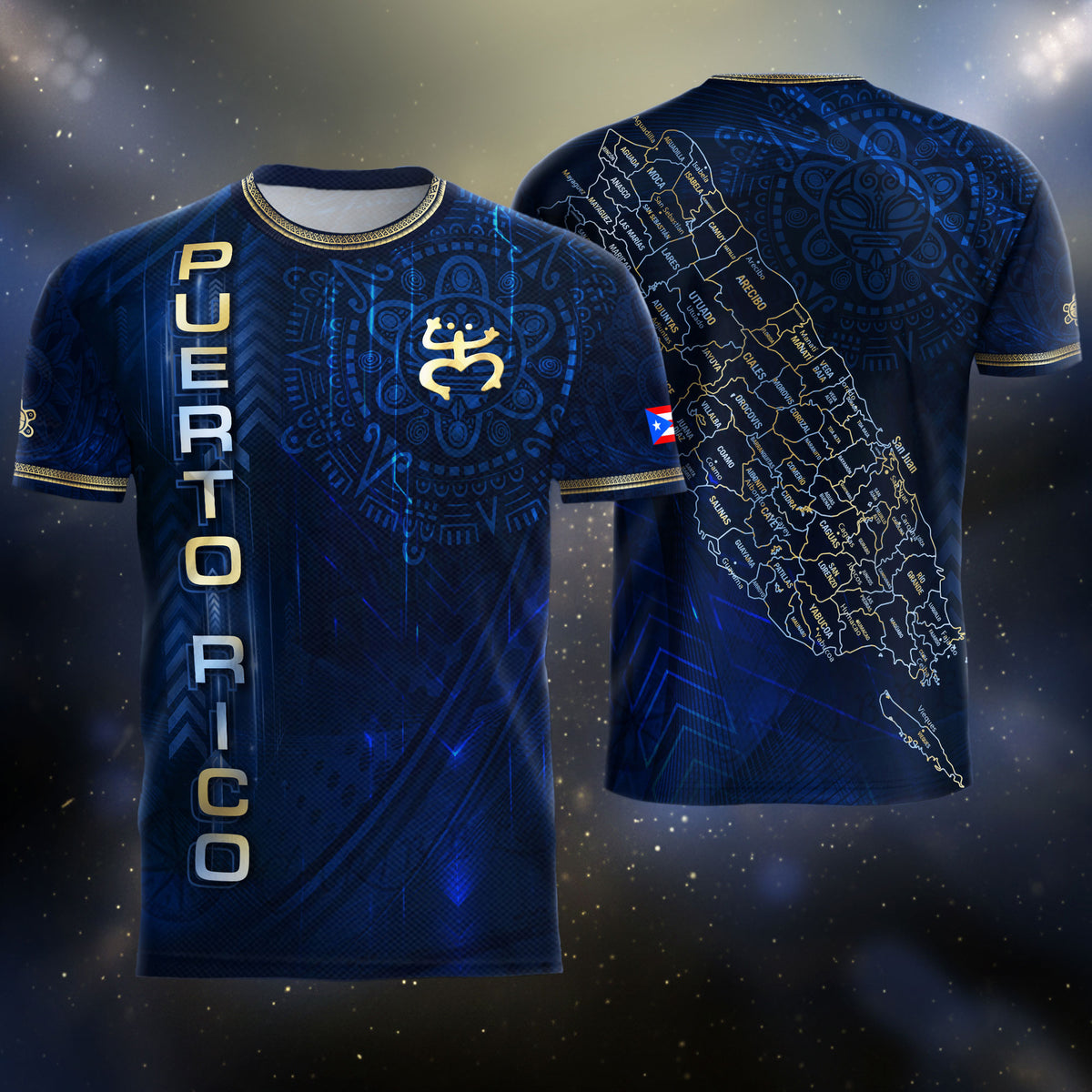 Puerto Rico Heritage Orgullo Boricua Navy Gold Detailed Island Map Coqui Soccer Jersey