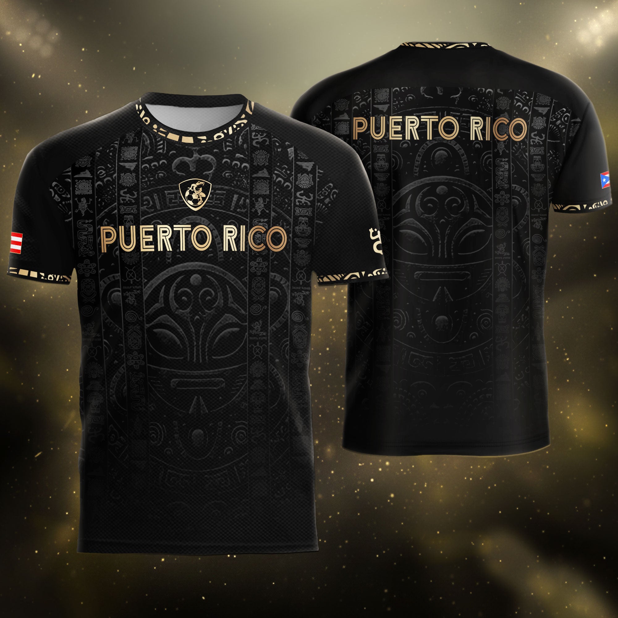 Camiseta de fútbol con máscara taína boricua azul marino de Puerto Rico, bandera tribal, orgullo nacional