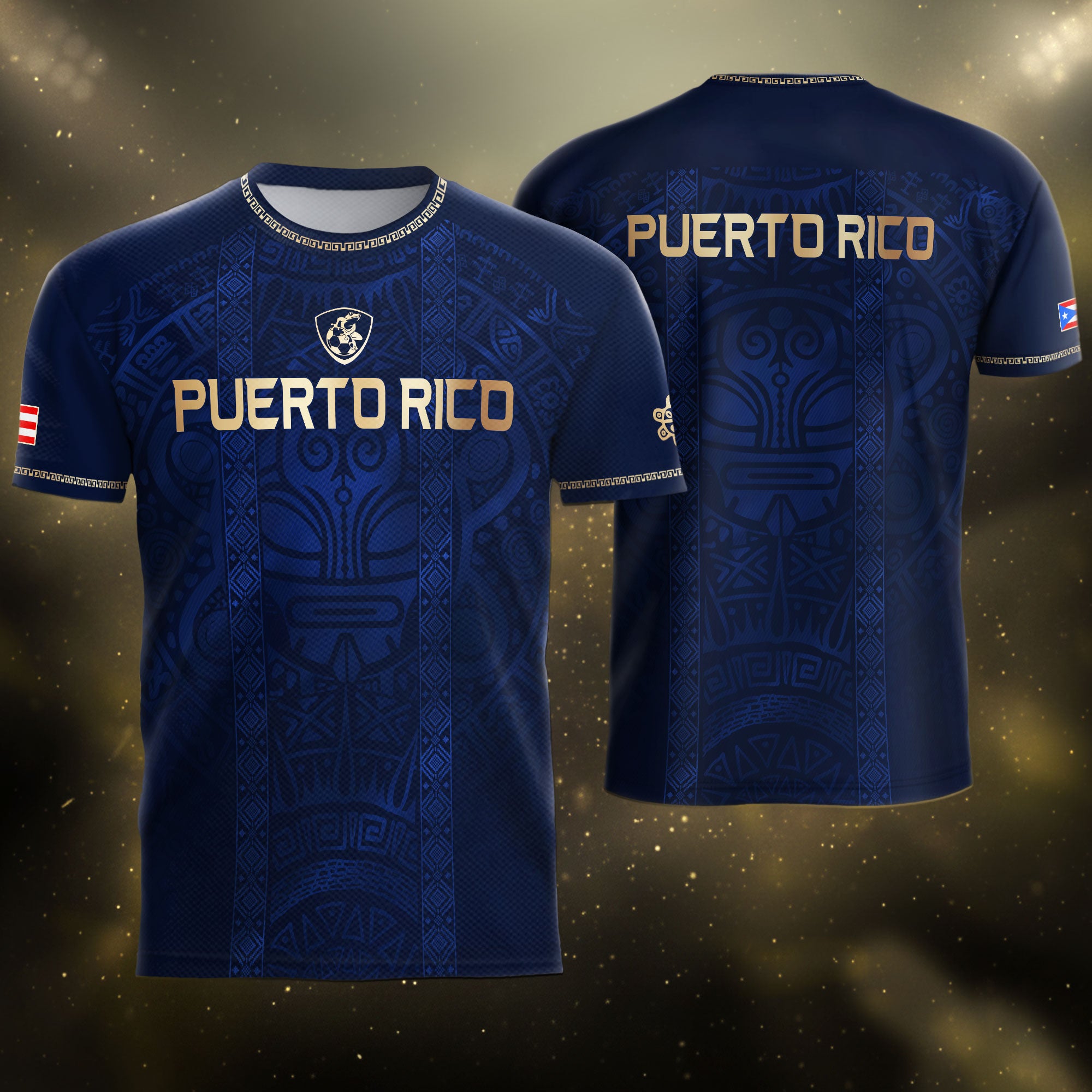 Camiseta de fútbol con máscara taína boricua azul marino de Puerto Rico, bandera tribal, orgullo nacional