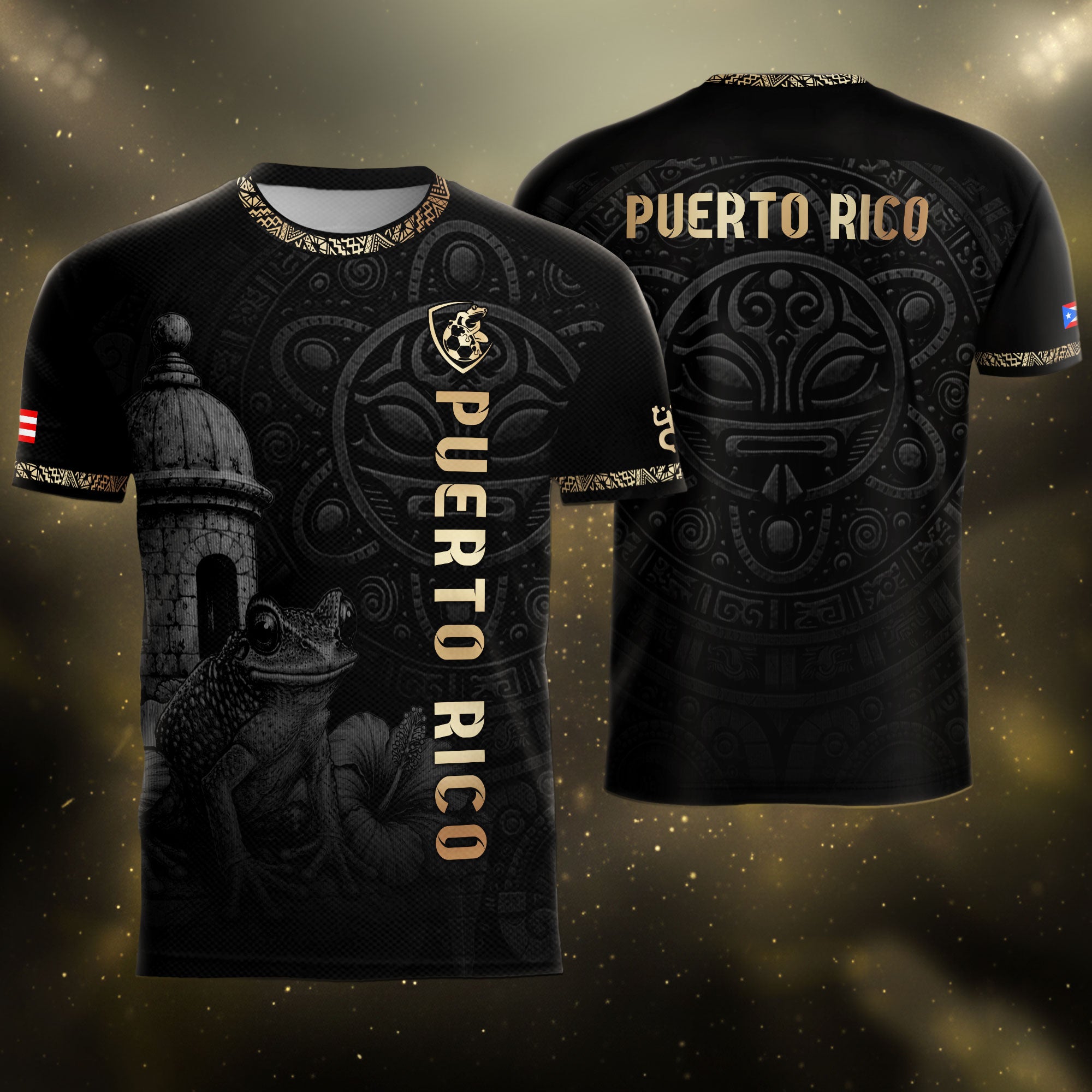 Camiseta de fútbol con máscara taína boricua azul marino de Puerto Rico, bandera tribal, orgullo nacional