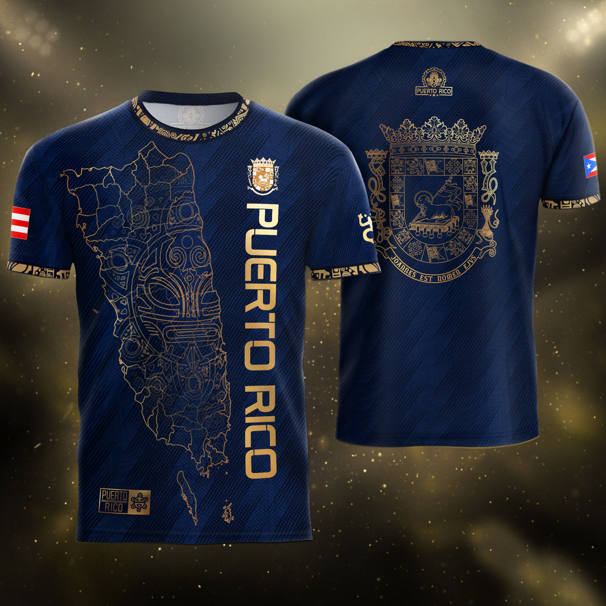 Puerto Rico Soccer Jersey Navy Gold - Puerto Rico Map & Coat of Arms Edition Football Shirt