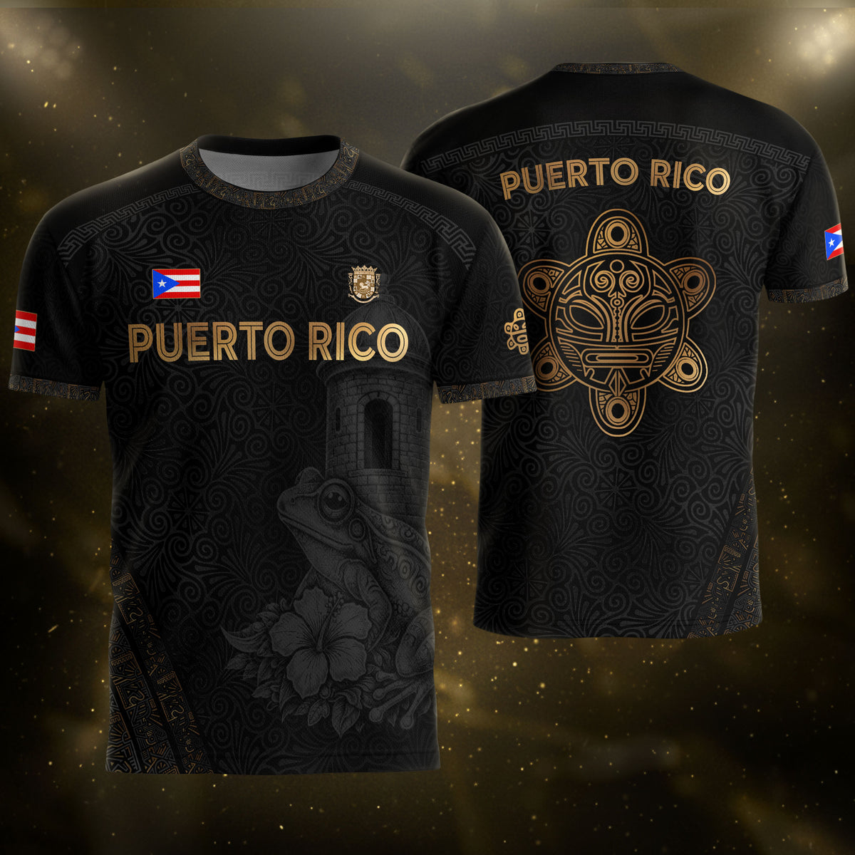 Puerto Rico Soccer Jersey - El Morro & Coqui Frog Design - Taino Sun Tribal Black Gold
