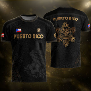 Puerto Rico Soccer Jersey with El Morro for Men and Women, & Coqui Frog - Taino Sun Black Gold, Puerto Rico Shirt and Puerto Rico Jersey, Northryn Co.